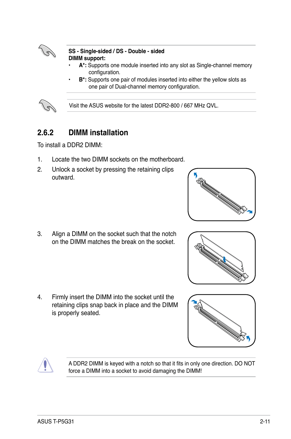 2 dimm installation | Asus T3-P5G31 User Manual | Page 31 / 92