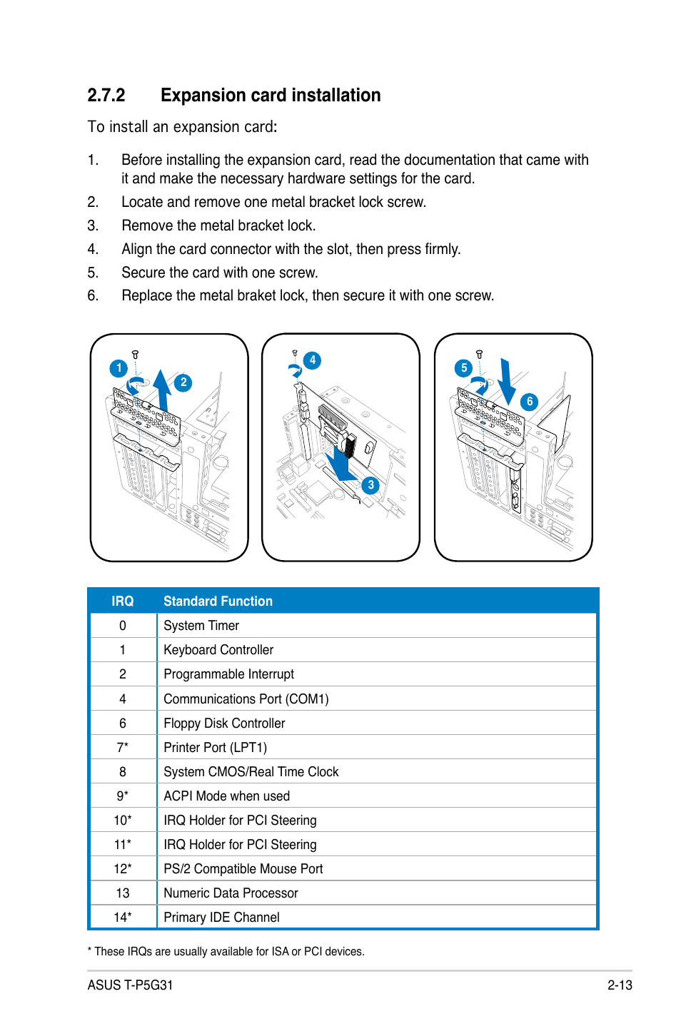 2 expansion card installation, Standard interrupt assignments | Asus T3-P5G31 User Manual | Page 33 / 92