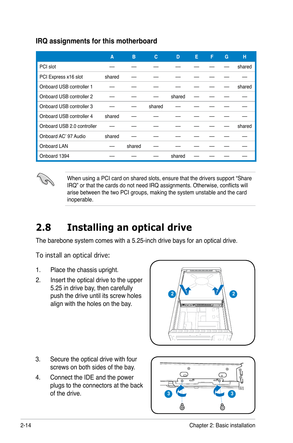 8 installing an optical drive, Irq assignments for this motherboard | Asus T3-P5G31 User Manual | Page 34 / 92