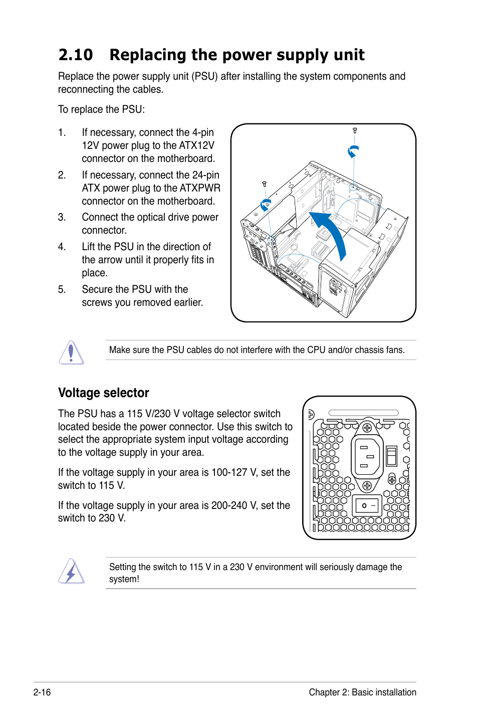 10 replacing the power supply unit, Voltage selector, 16 chapter 2: basic installation | Asus T3-P5G31 User Manual | Page 36 / 92