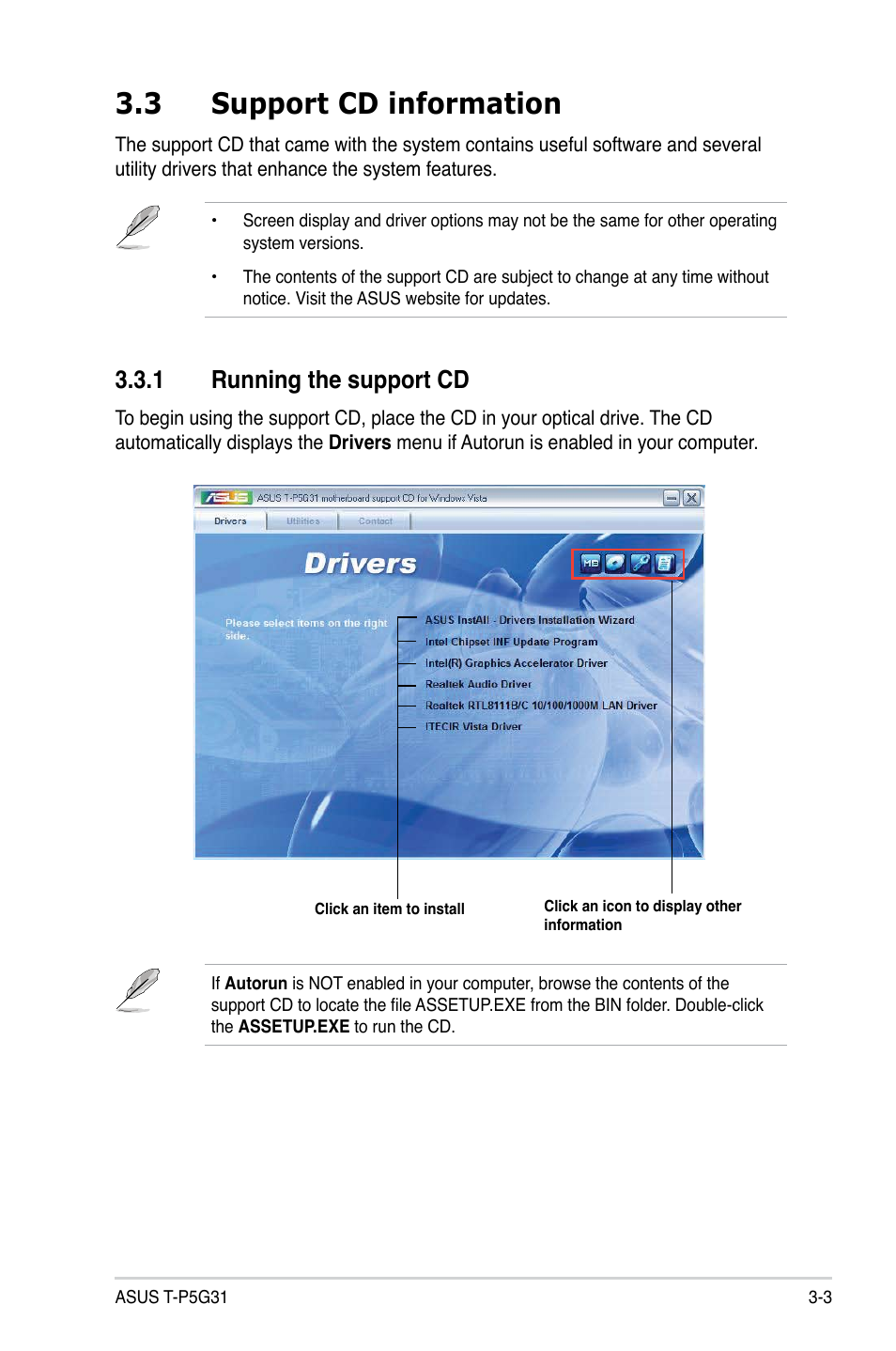 3 support cd information, 1 running the support cd | Asus T3-P5G31 User Manual | Page 41 / 92