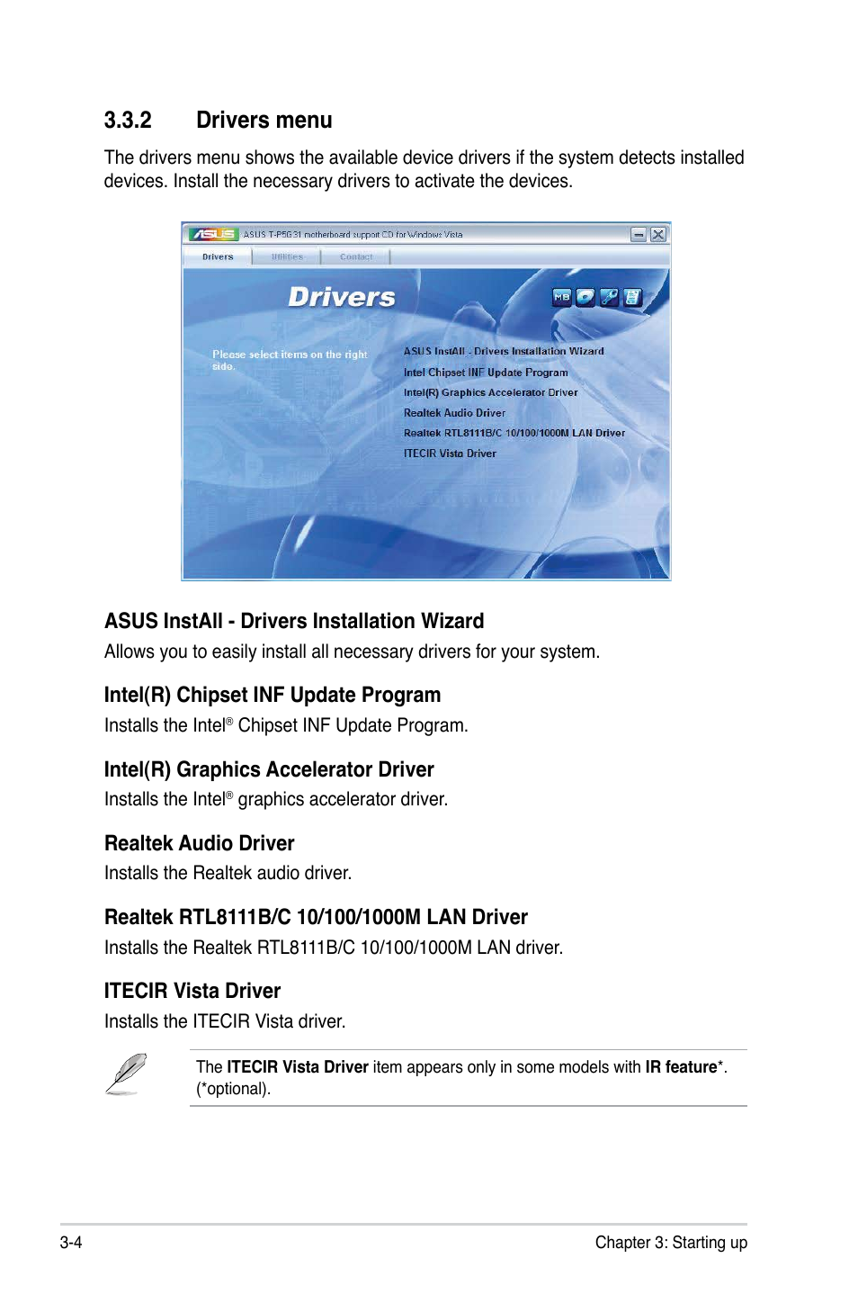 2 drivers menu | Asus T3-P5G31 User Manual | Page 42 / 92