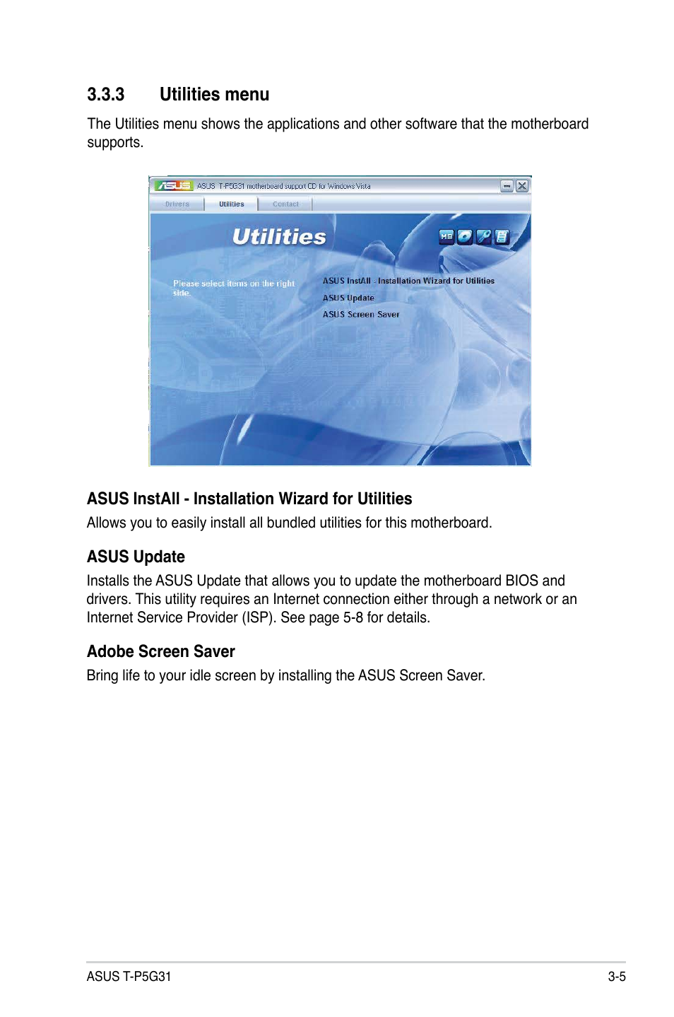 3 utilities menu | Asus T3-P5G31 User Manual | Page 43 / 92