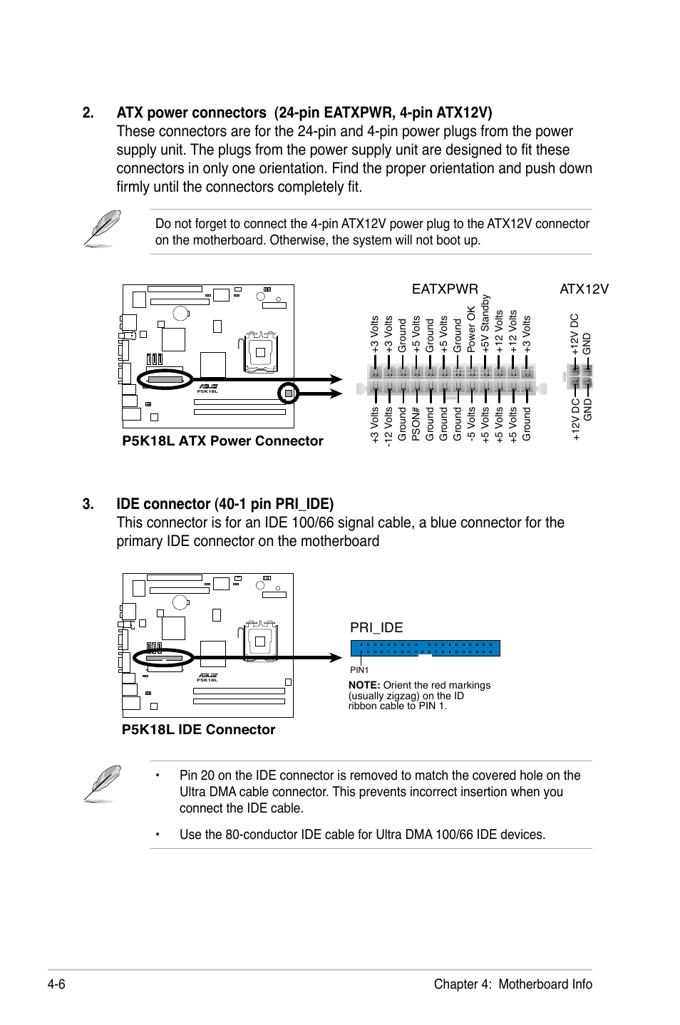 6 chapter 4: motherboard info, P5k18l atx power connector eatxpwr, Atx12v | P5k18l ide connector, Pri_ide | Asus T3-P5G31 User Manual | Page 50 / 92