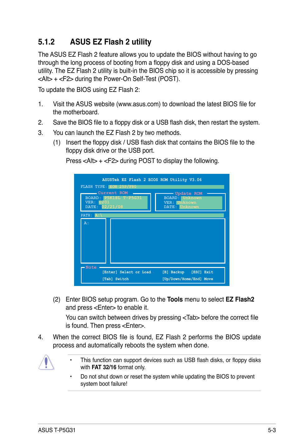 2 asus ez flash 2 utility | Asus T3-P5G31 User Manual | Page 55 / 92