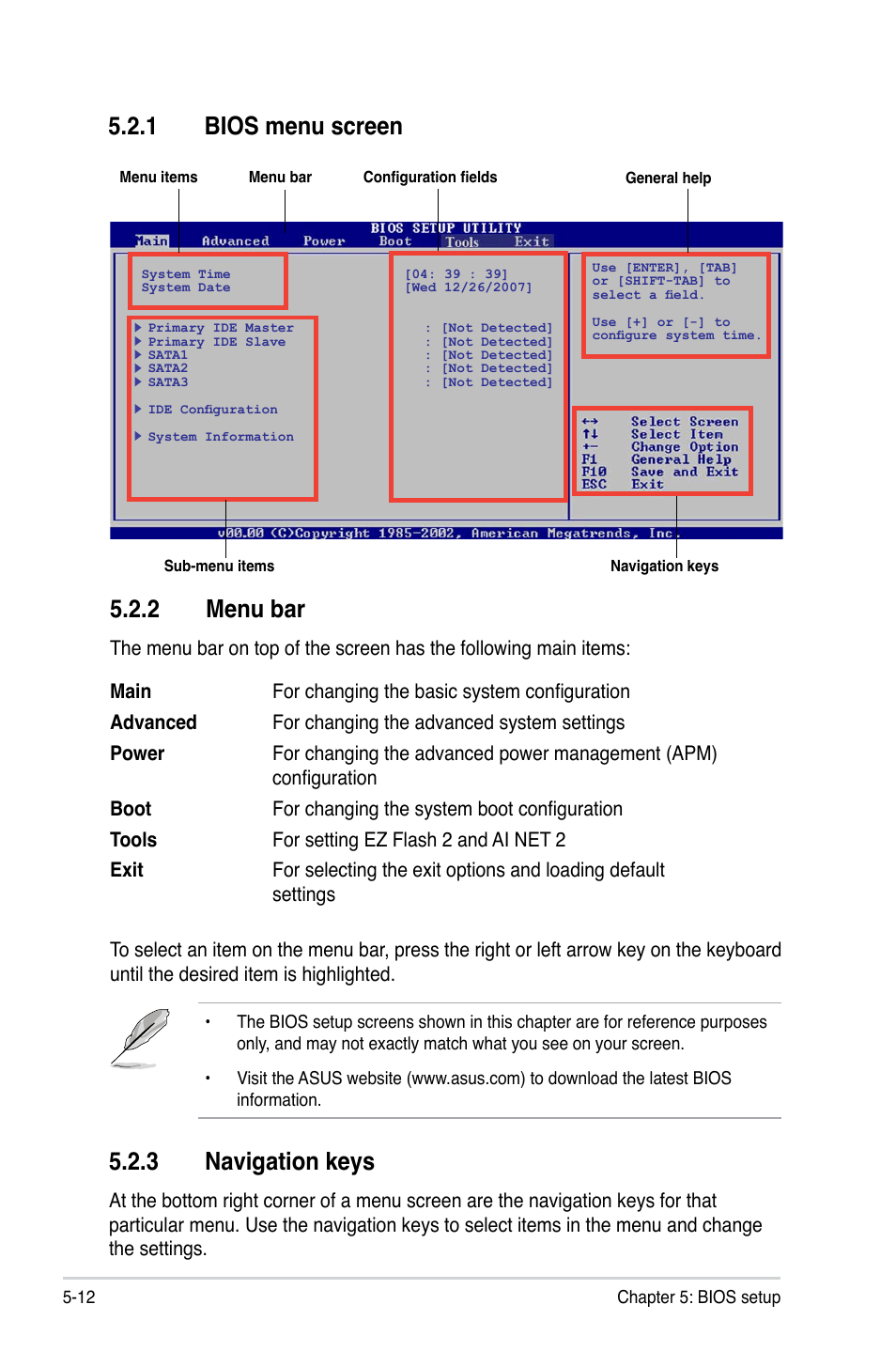 1 bios menu screen, 2 menu bar, 3 navigation keys | Asus T3-P5G31 User Manual | Page 64 / 92