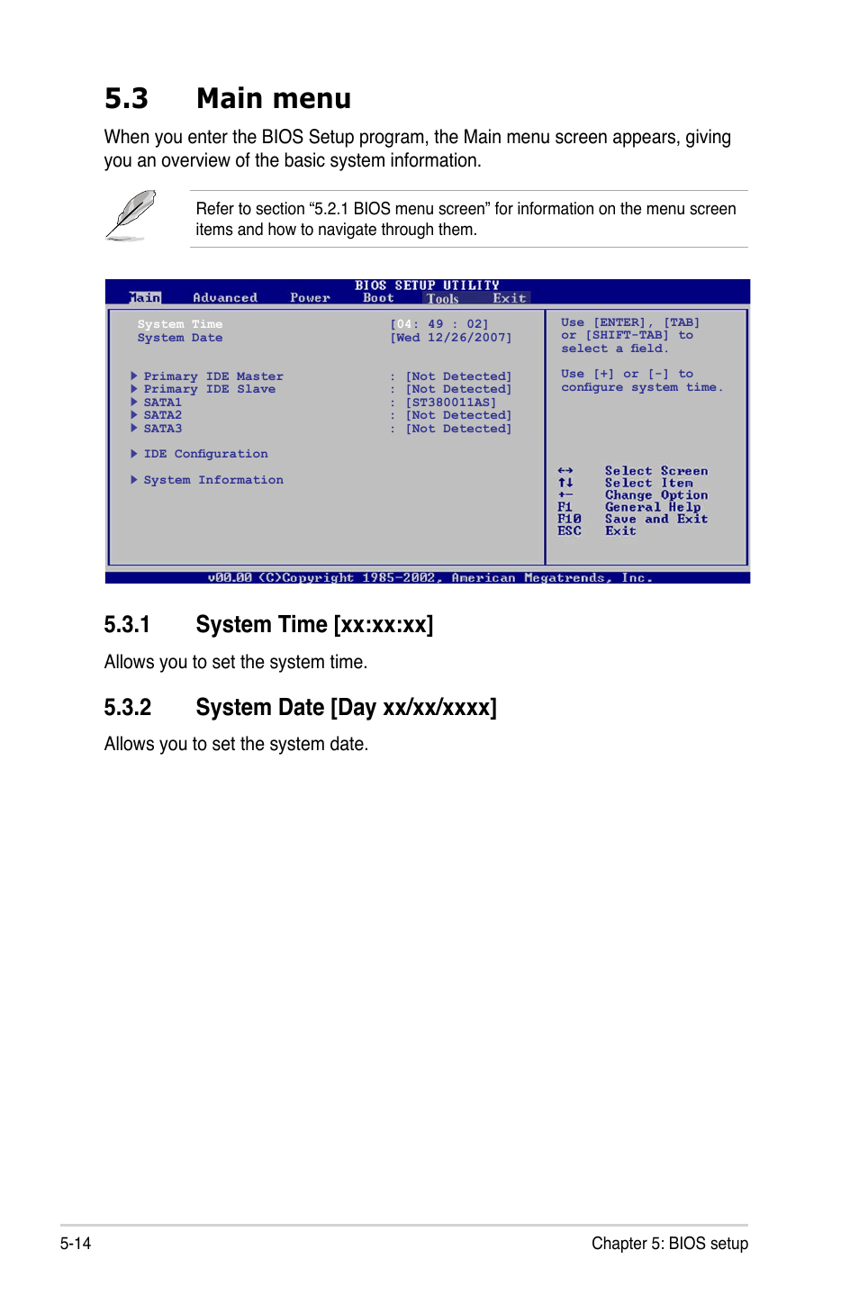 3 main menu, 1 system time [xx:xx:xx, 2 system date [day xx/xx/xxxx | Allows you to set the system time, Allows you to set the system date | Asus T3-P5G31 User Manual | Page 66 / 92