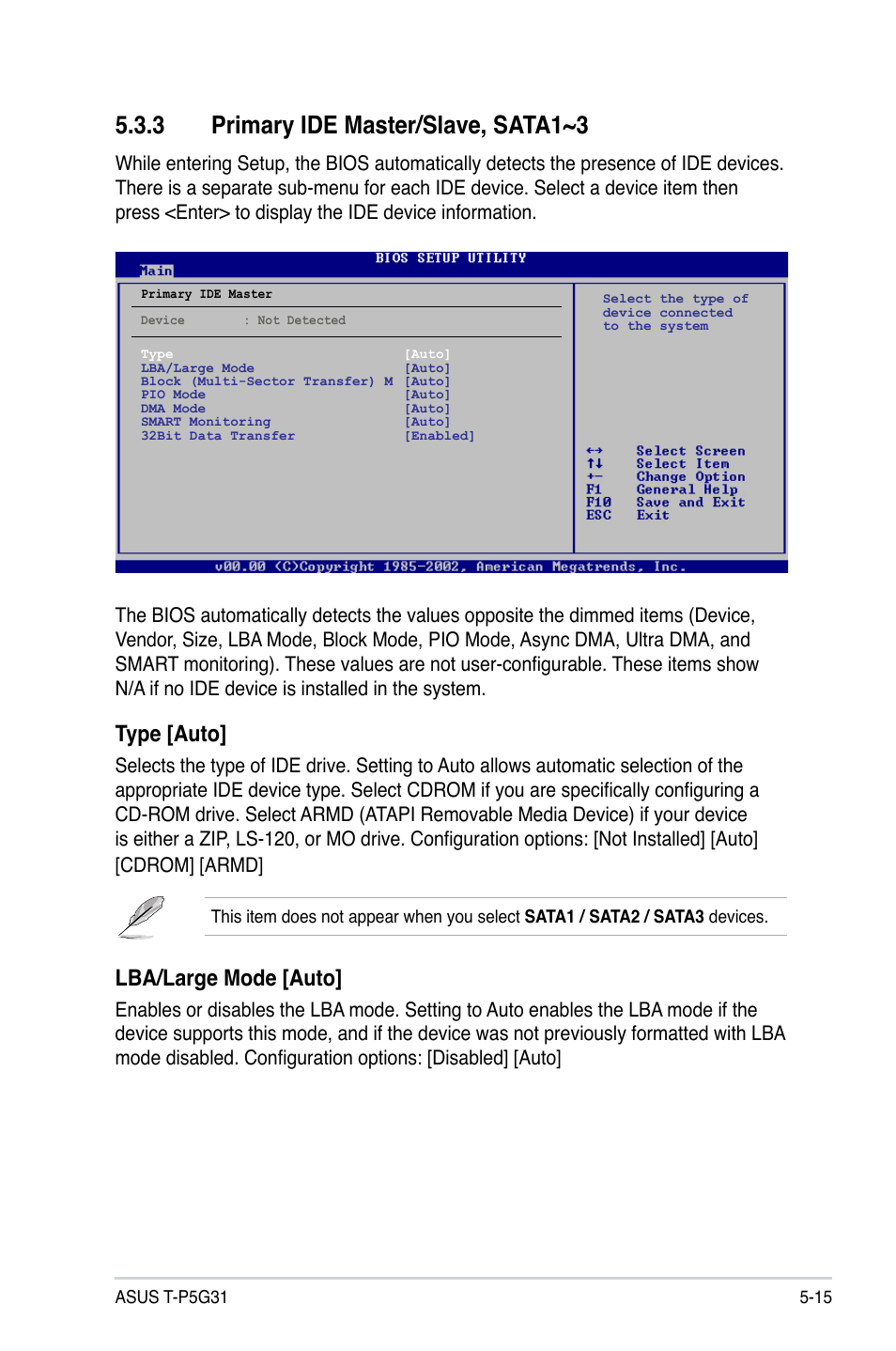 3 primary ide master/slave, sata1~3, Type [auto, Lba/large mode [auto | Asus T3-P5G31 User Manual | Page 67 / 92