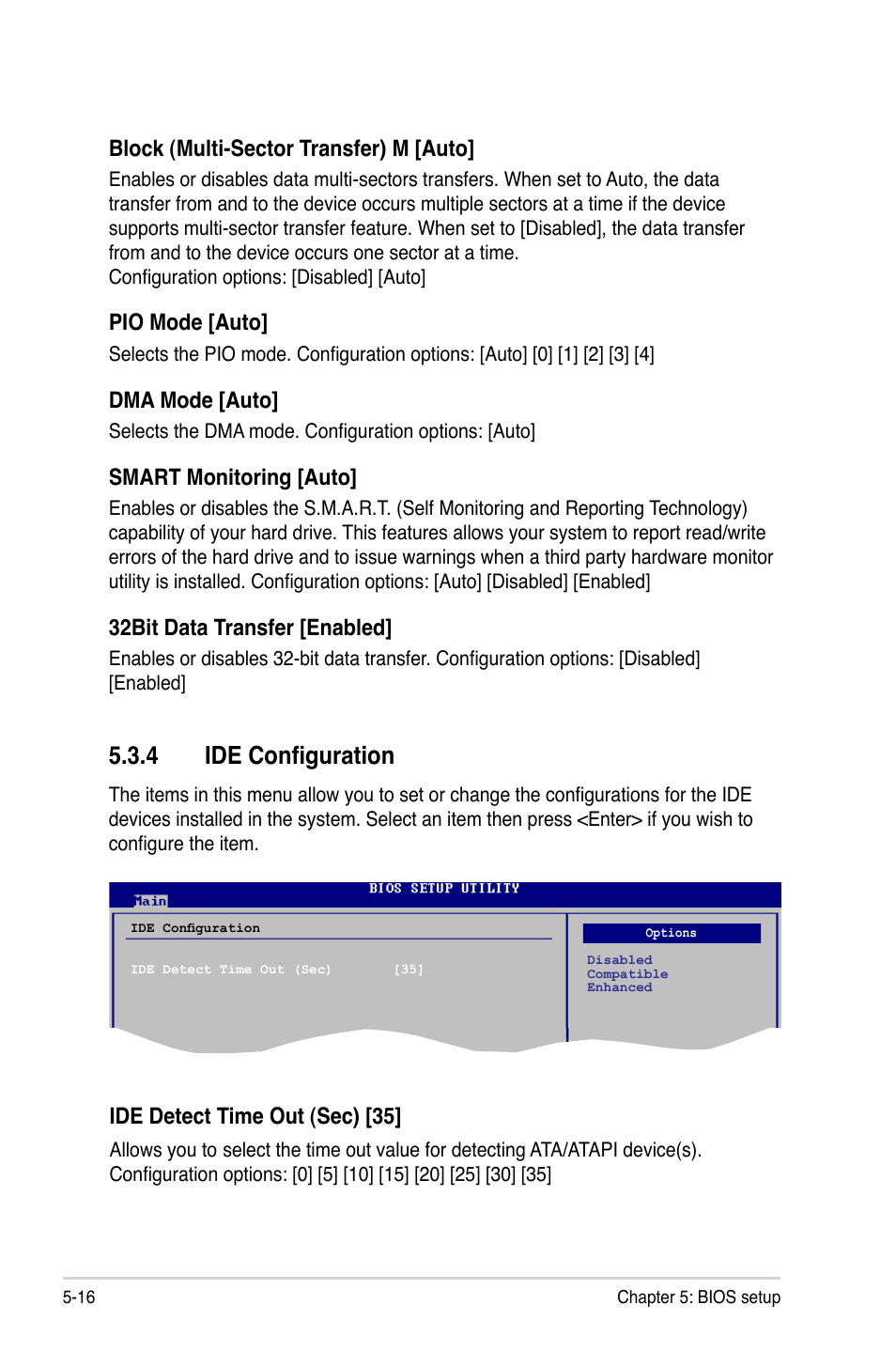 4 ide configuration, Block (multi-sector transfer) m [auto, Pio mode [auto | Dma mode [auto, Smart monitoring [auto, 32bit data transfer [enabled, Ide detect time out (sec) [35 | Asus T3-P5G31 User Manual | Page 68 / 92