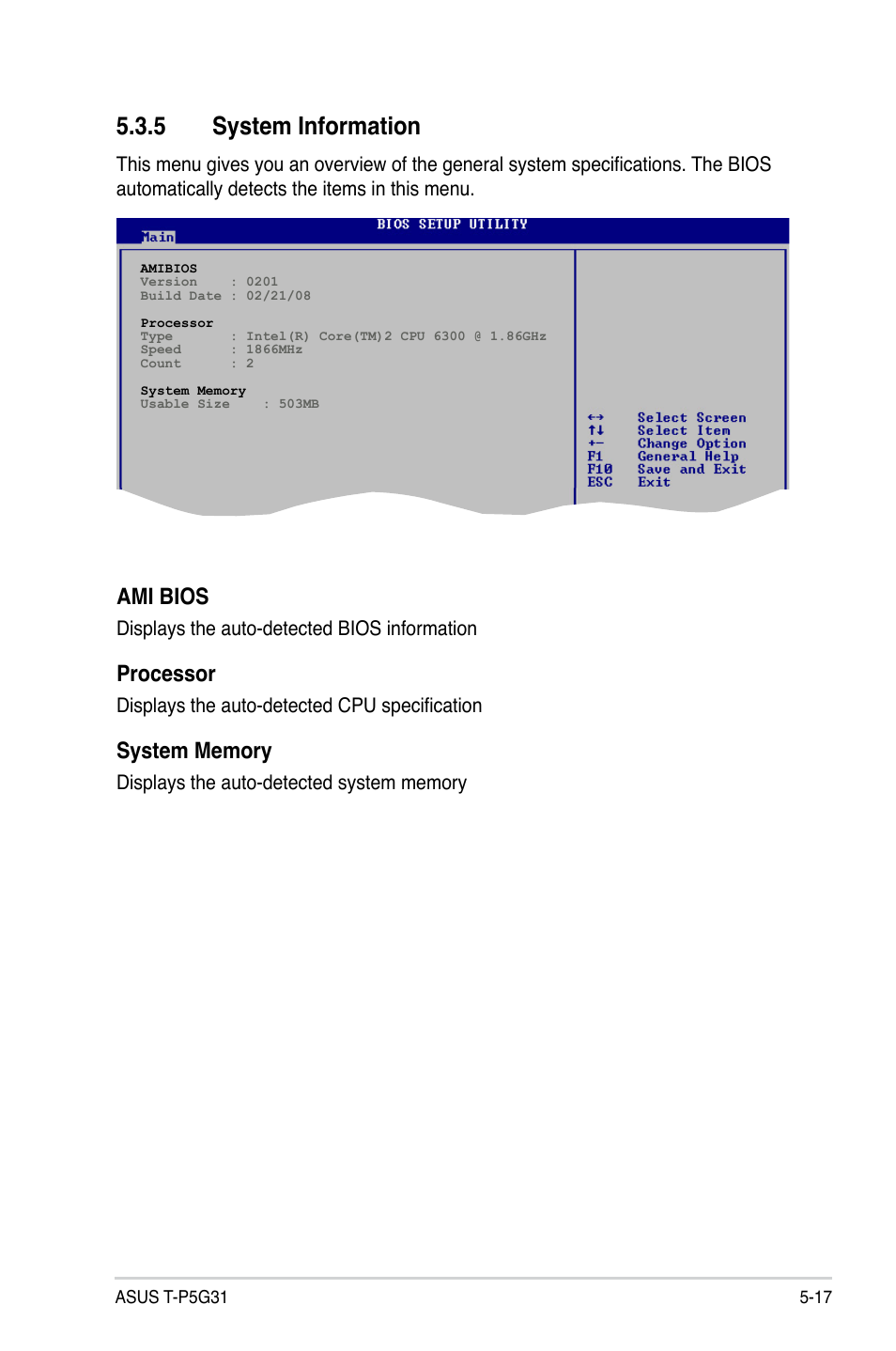 5 system information, Ami bios, Processor | Asus T3-P5G31 User Manual | Page 69 / 92