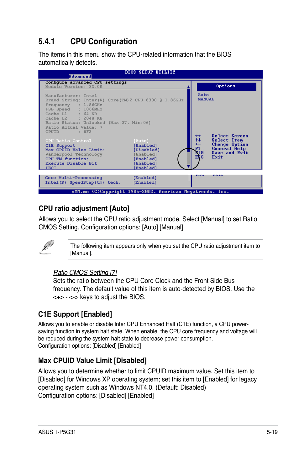 1 cpu configuration, Cpu ratio adjustment [auto, C1e support [enabled | Max cpuid value limit [disabled | Asus T3-P5G31 User Manual | Page 71 / 92