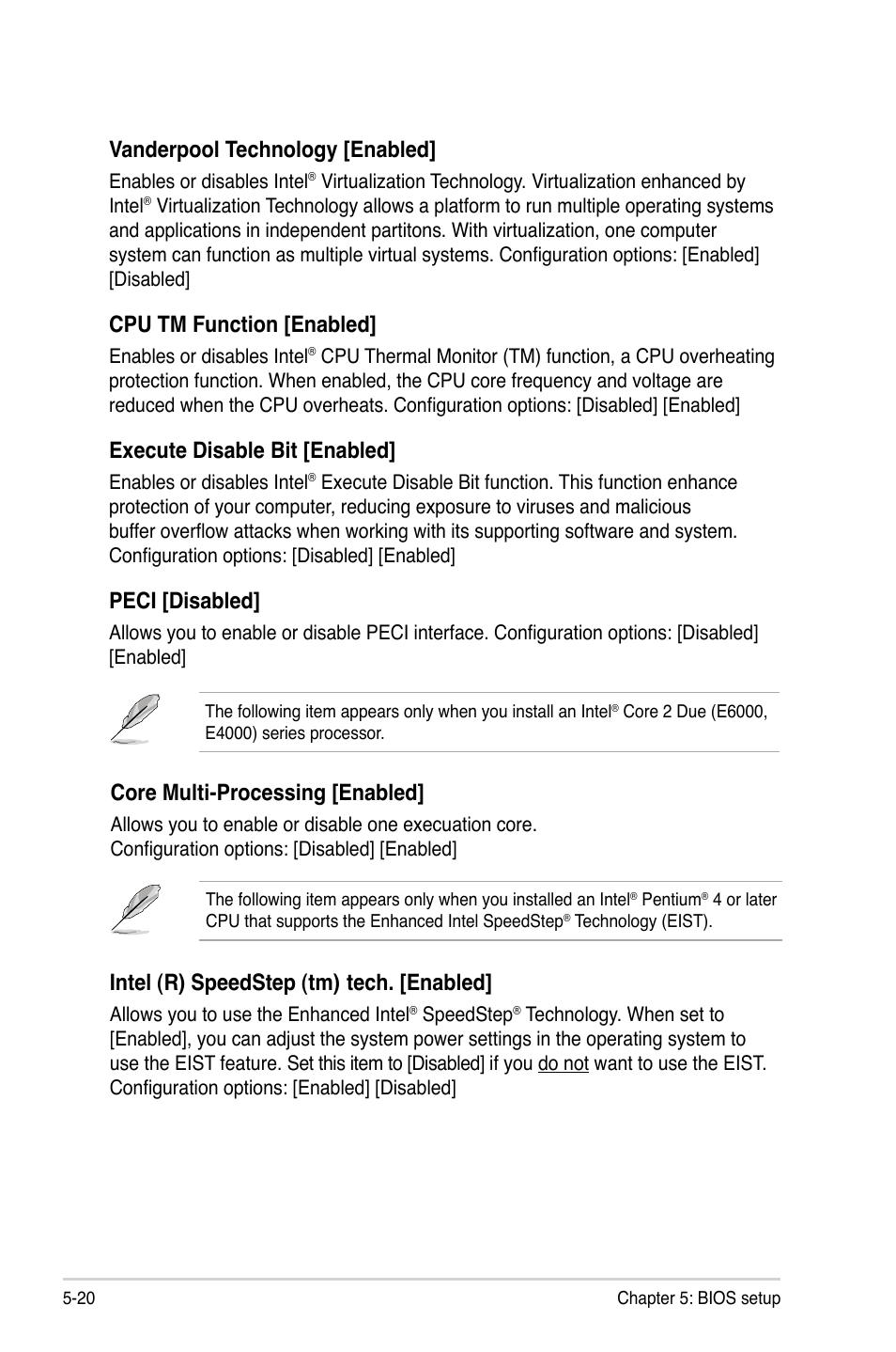 Intel (r) speedstep (tm), Tech. [enabled, Vanderpool technology [enabled | Cpu tm function [enabled, Execute disable bit [enabled, Peci [disabled, Core multi-processing [enabled | Asus T3-P5G31 User Manual | Page 72 / 92