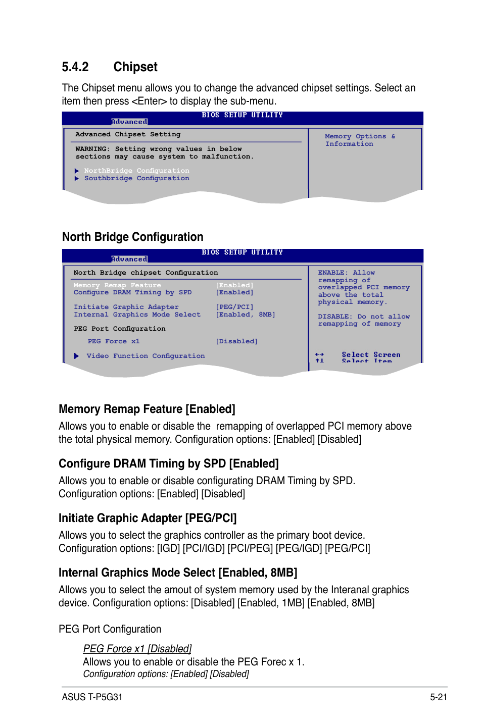 2 chipset, Configure dram timing by spd [enabled, Initiate graphic adapter [peg/pci | Internal graphics mode select [enabled, 8mb | Asus T3-P5G31 User Manual | Page 73 / 92