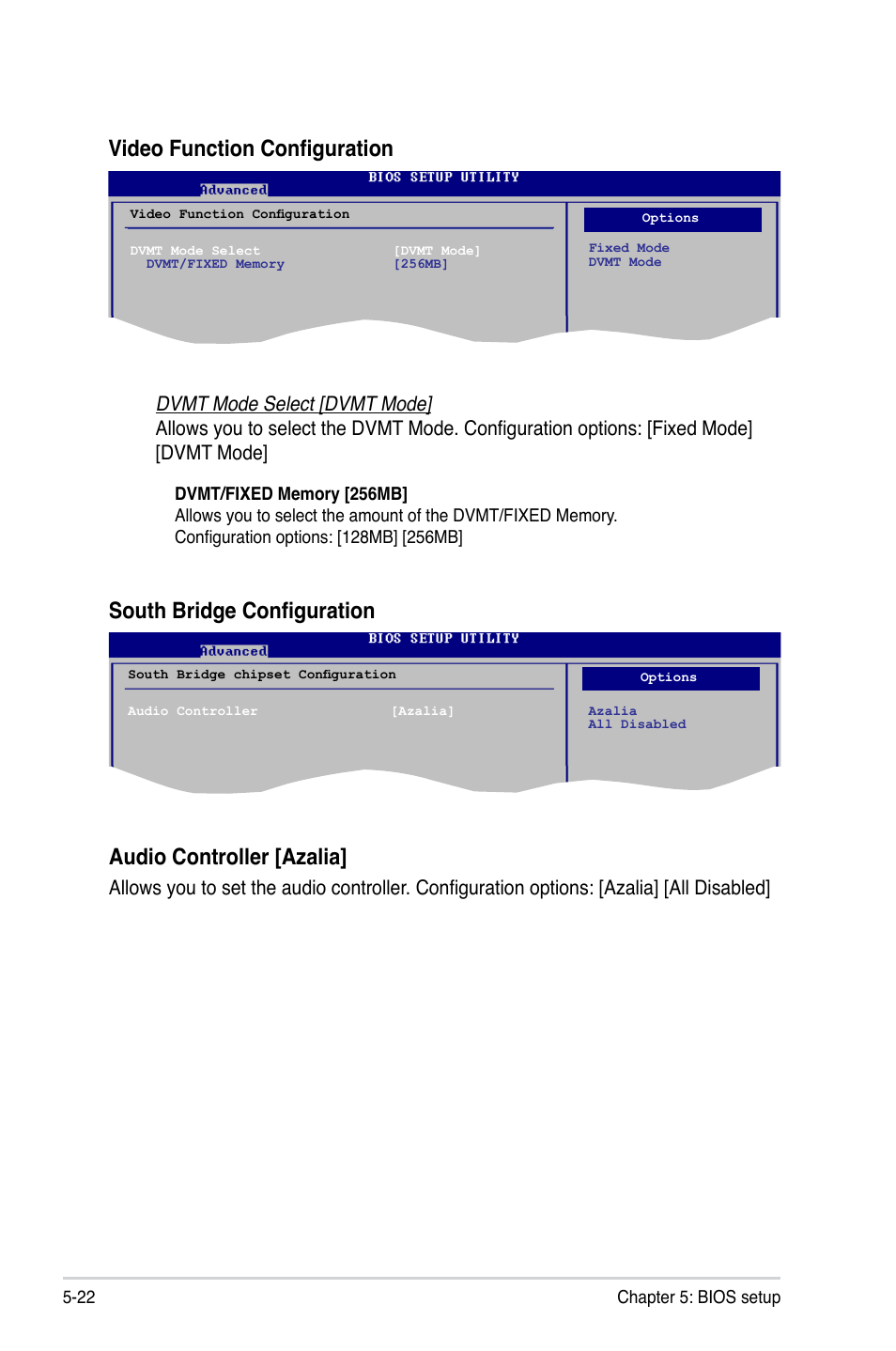 Video function configuration, South bridge configuration, Audio controller [azalia | Asus T3-P5G31 User Manual | Page 74 / 92