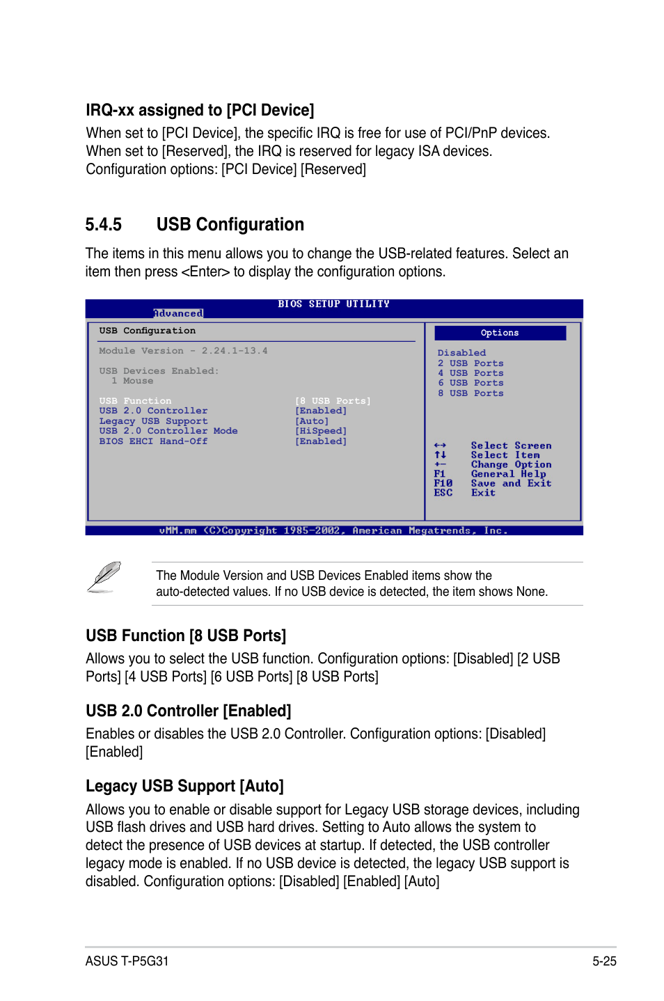 5 usb configuration, Irq-xx assigned to [pci device, Usb function [8 usb ports | Usb 2.0 controller [enabled, Legacy usb support [auto | Asus T3-P5G31 User Manual | Page 77 / 92