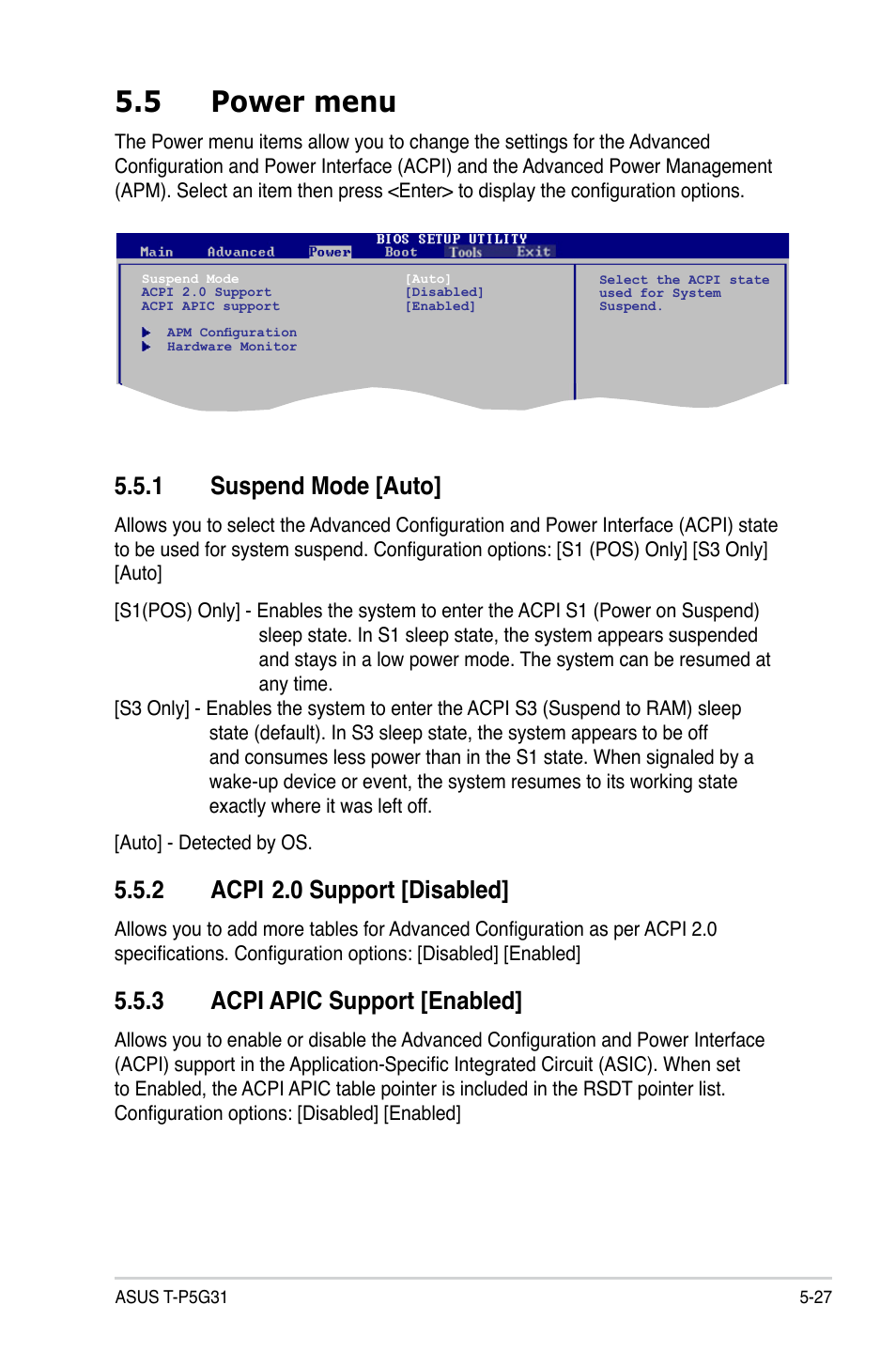 5 power menu, 1 suspend mode [auto, 2 acpi 2.0 support [disabled | 3 acpi apic support [enabled, 2 acpi, 0 support [disabled | Asus T3-P5G31 User Manual | Page 79 / 92