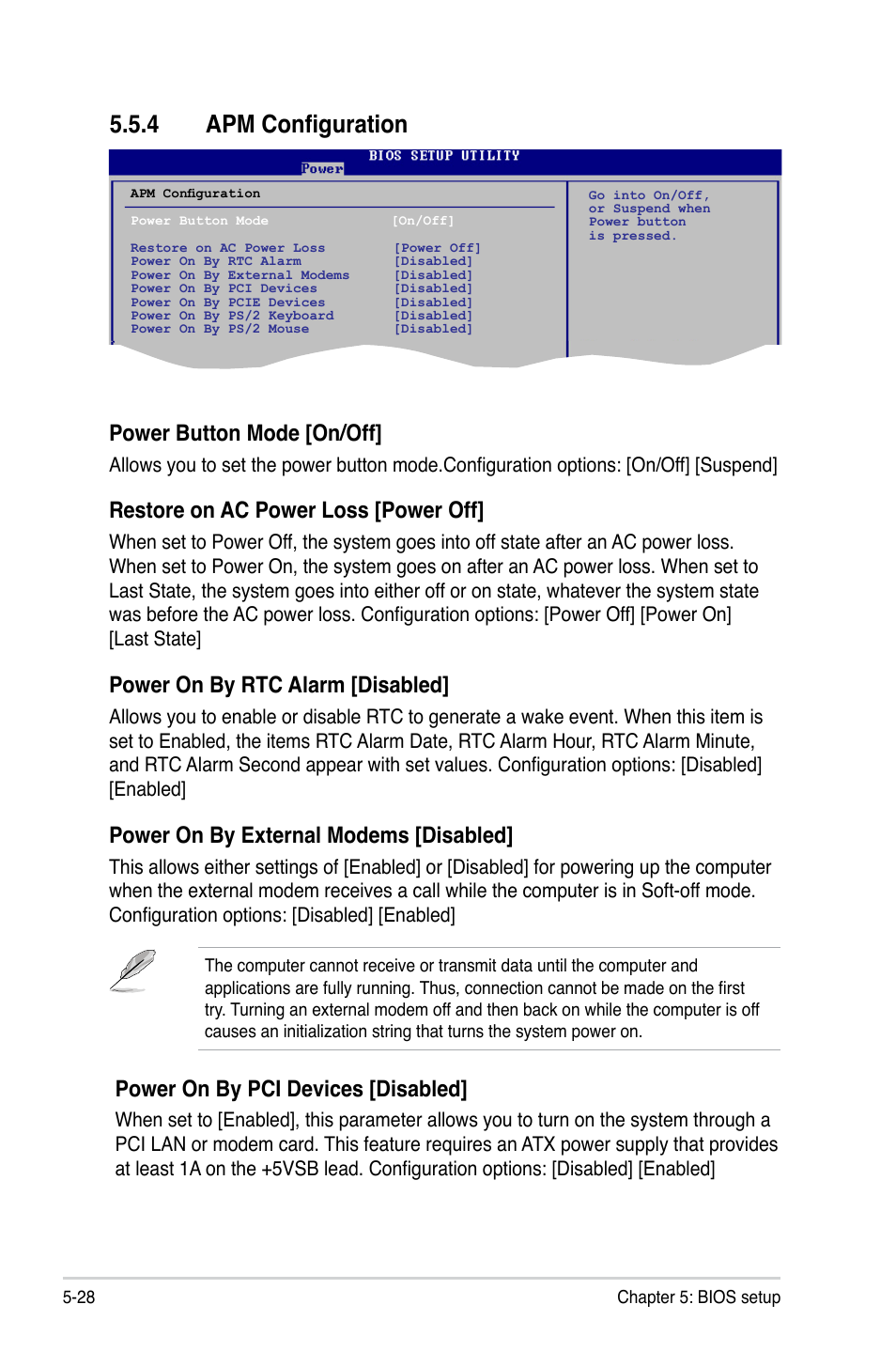 4 apm configuration, Power button mode [on/off, Restore on ac power loss [power off | Power on by rtc alarm [disabled, Power on by external modems [disabled, Power on by pci devices [disabled | Asus T3-P5G31 User Manual | Page 80 / 92