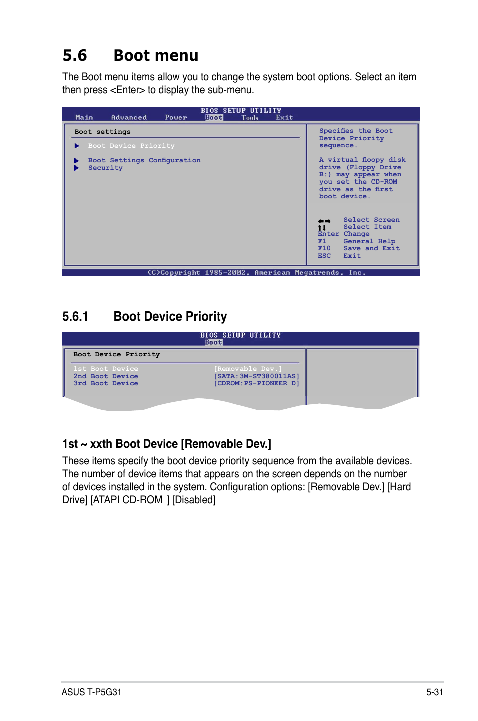 6 boot menu, 1 boot device priority, 1st ~ xxth boot device [removable dev | Disabled | Asus T3-P5G31 User Manual | Page 83 / 92