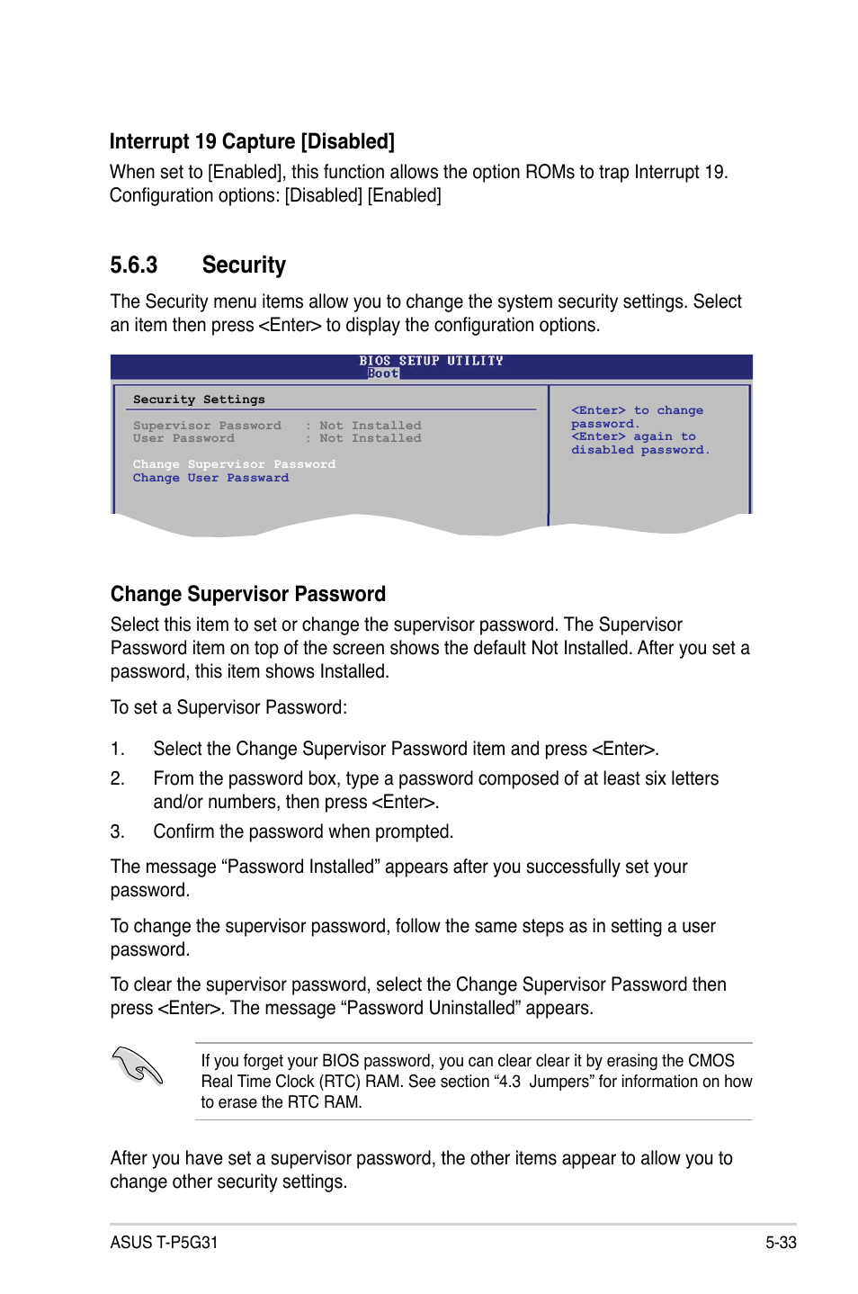 3 security, Interrupt 19 capture [disabled, Change supervisor password | Asus T3-P5G31 User Manual | Page 85 / 92