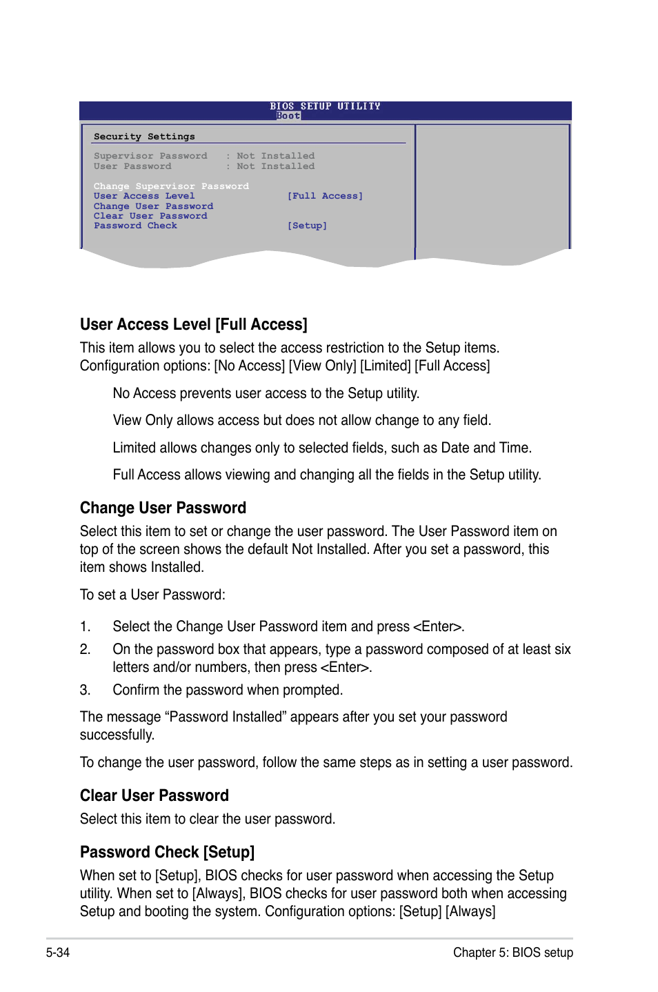 User access level [full access, Change user password, Clear user password | Password check [setup | Asus T3-P5G31 User Manual | Page 86 / 92