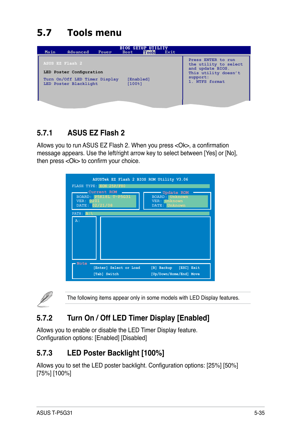 7 tools menu, 1 asus ez flash 2, 2 turn on / off led timer display [enabled | 3 led poster backlight [100 | Asus T3-P5G31 User Manual | Page 87 / 92