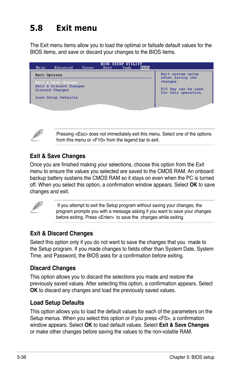 8 exit menu, Exit & discard changes, Discard changes | Load setup defaults, Exit & save changes | Asus T3-P5G31 User Manual | Page 88 / 92