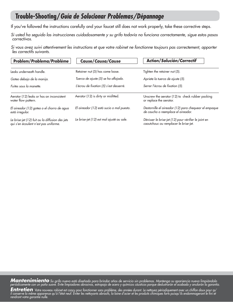 Mantenimiento, Entretien | Danze D153054 - Installation Manual User Manual | Page 3 / 4