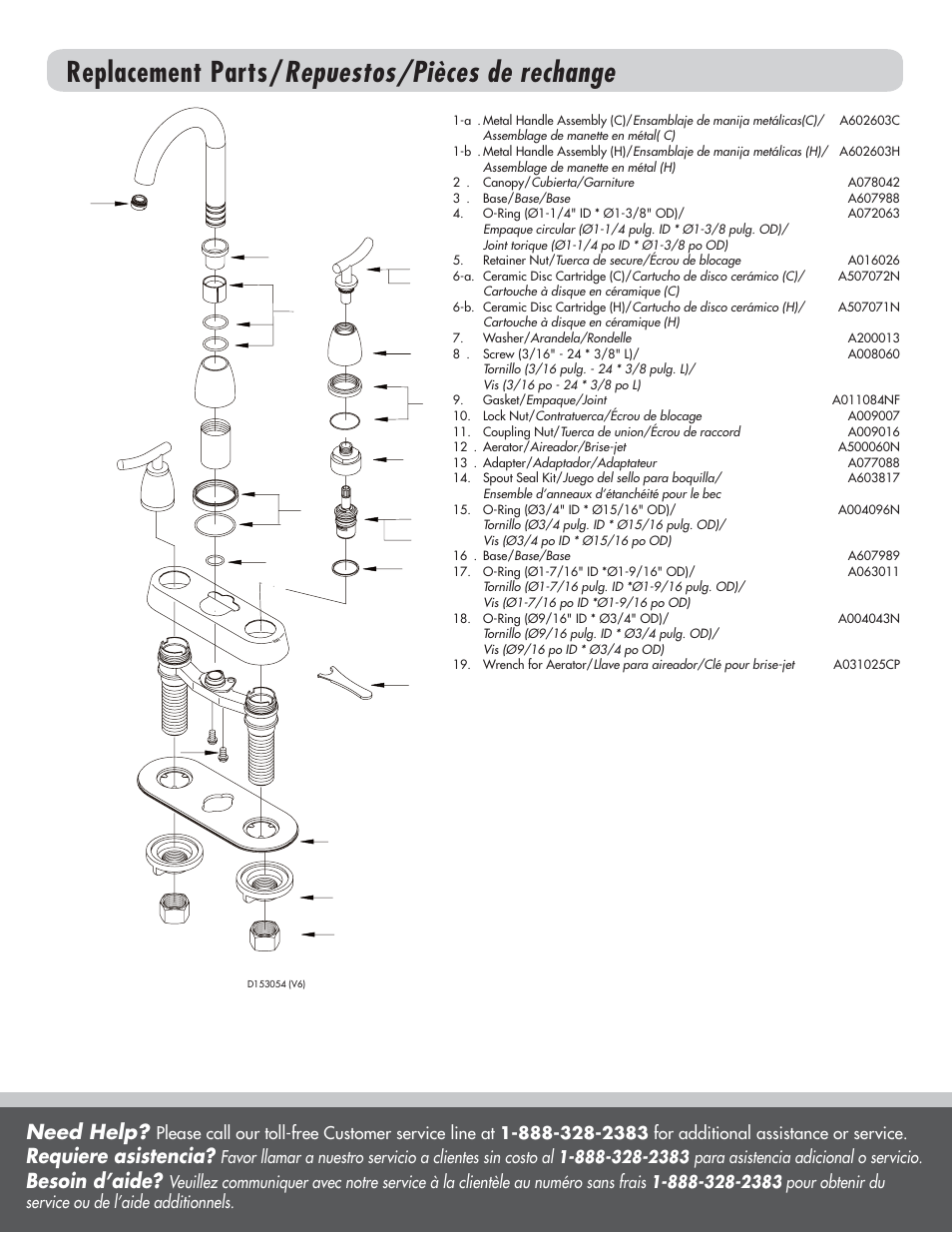 Replacement parts/ repuestos/pièces de rechange, Need help, Requiere asistencia | Besoin d’aide | Danze D153054 - Installation Manual User Manual | Page 4 / 4