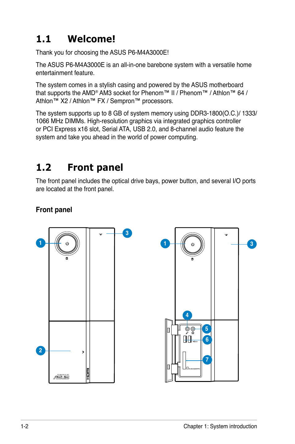 1 welcome, 2 front panel | Asus P6-M4A3000E User Manual | Page 10 / 59