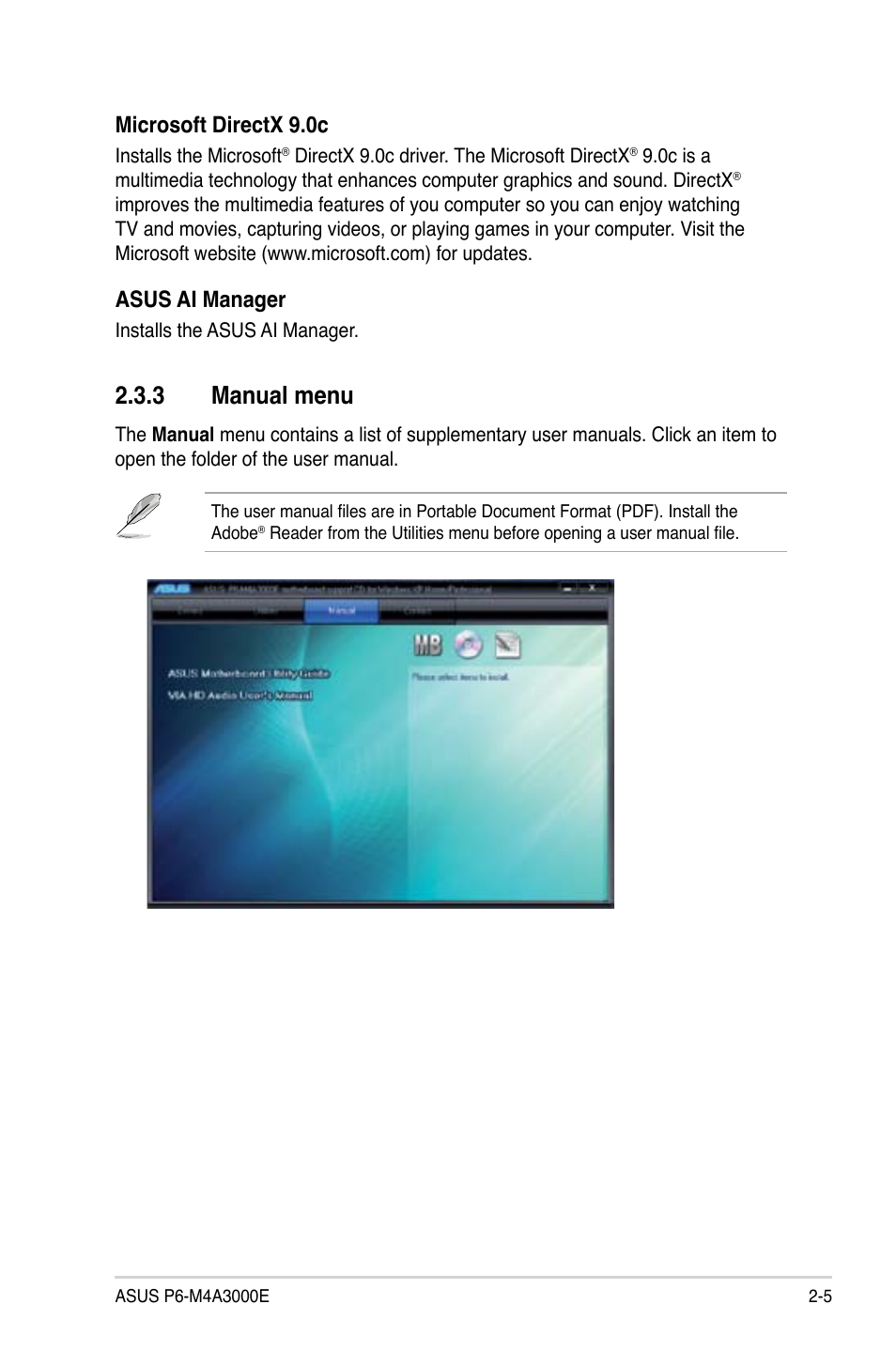 Manual.menu, Microsoft.directx.9.0c, Asus.ai.manager | Asus P6-M4A3000E User Manual | Page 21 / 59
