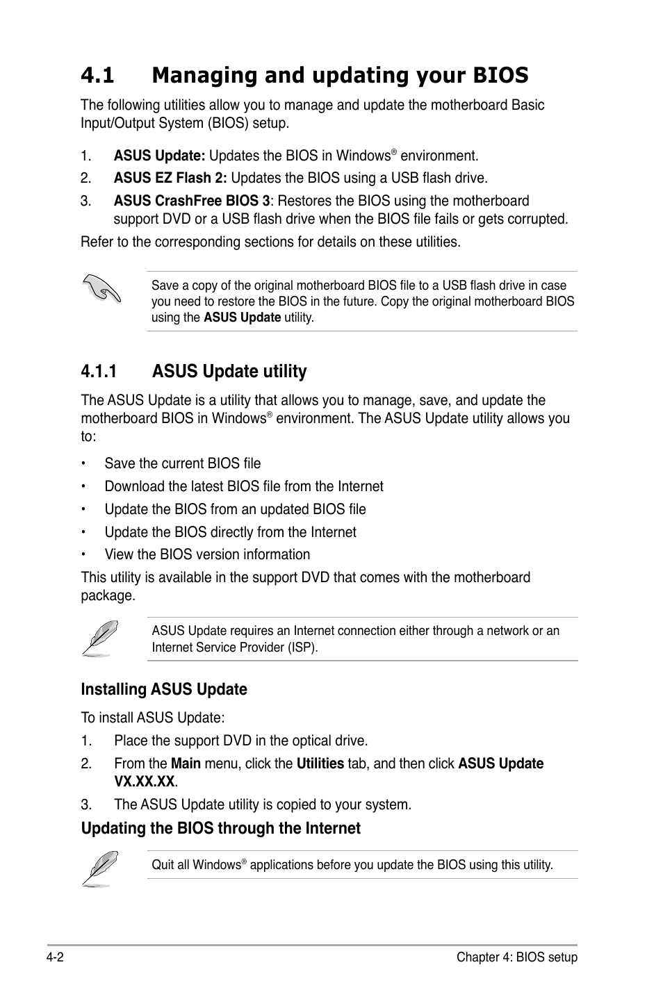 1 managing and updating your bios, Asus.update.utility | Asus P6-M4A3000E User Manual | Page 34 / 59