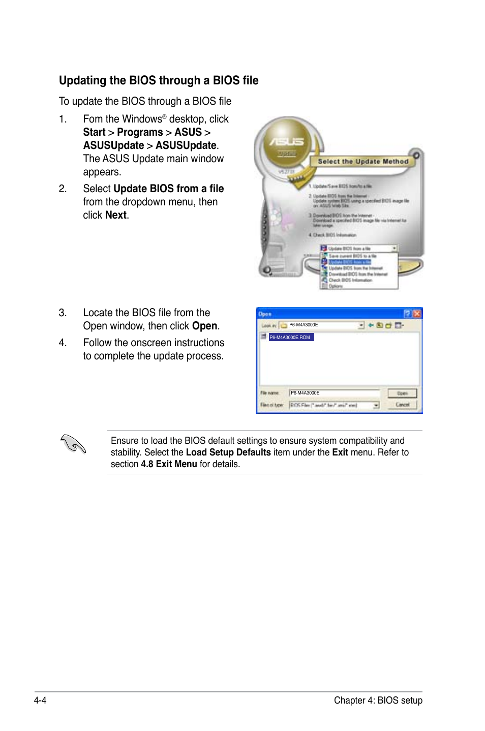 Updating the bios through a bios file | Asus P6-M4A3000E User Manual | Page 36 / 59