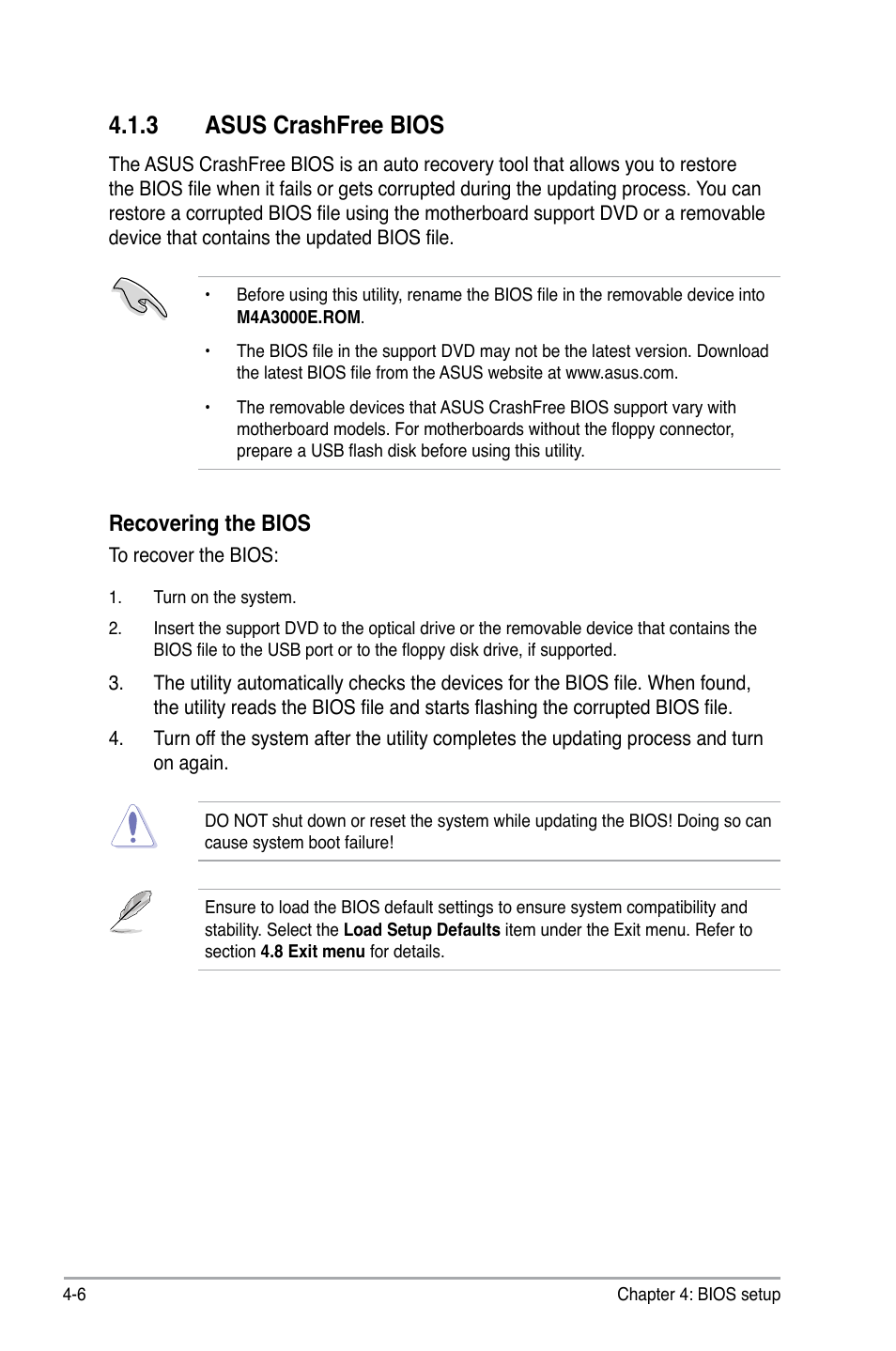 Asus.crashfree.bios, Recovering.the.bios | Asus P6-M4A3000E User Manual | Page 38 / 59