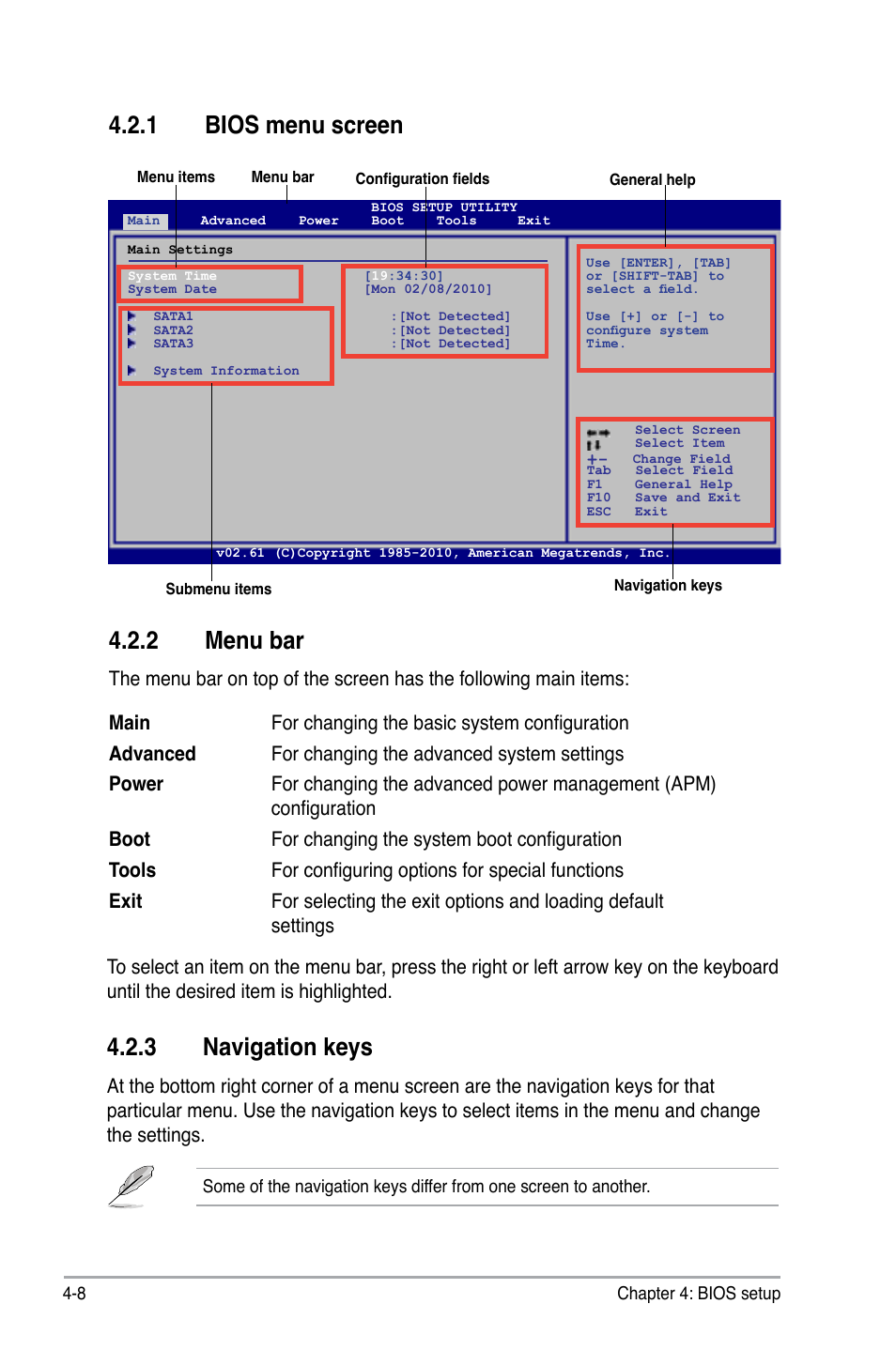 Menu.bar, Bios.menu.screen, Navigation.keys | Asus P6-M4A3000E User Manual | Page 40 / 59