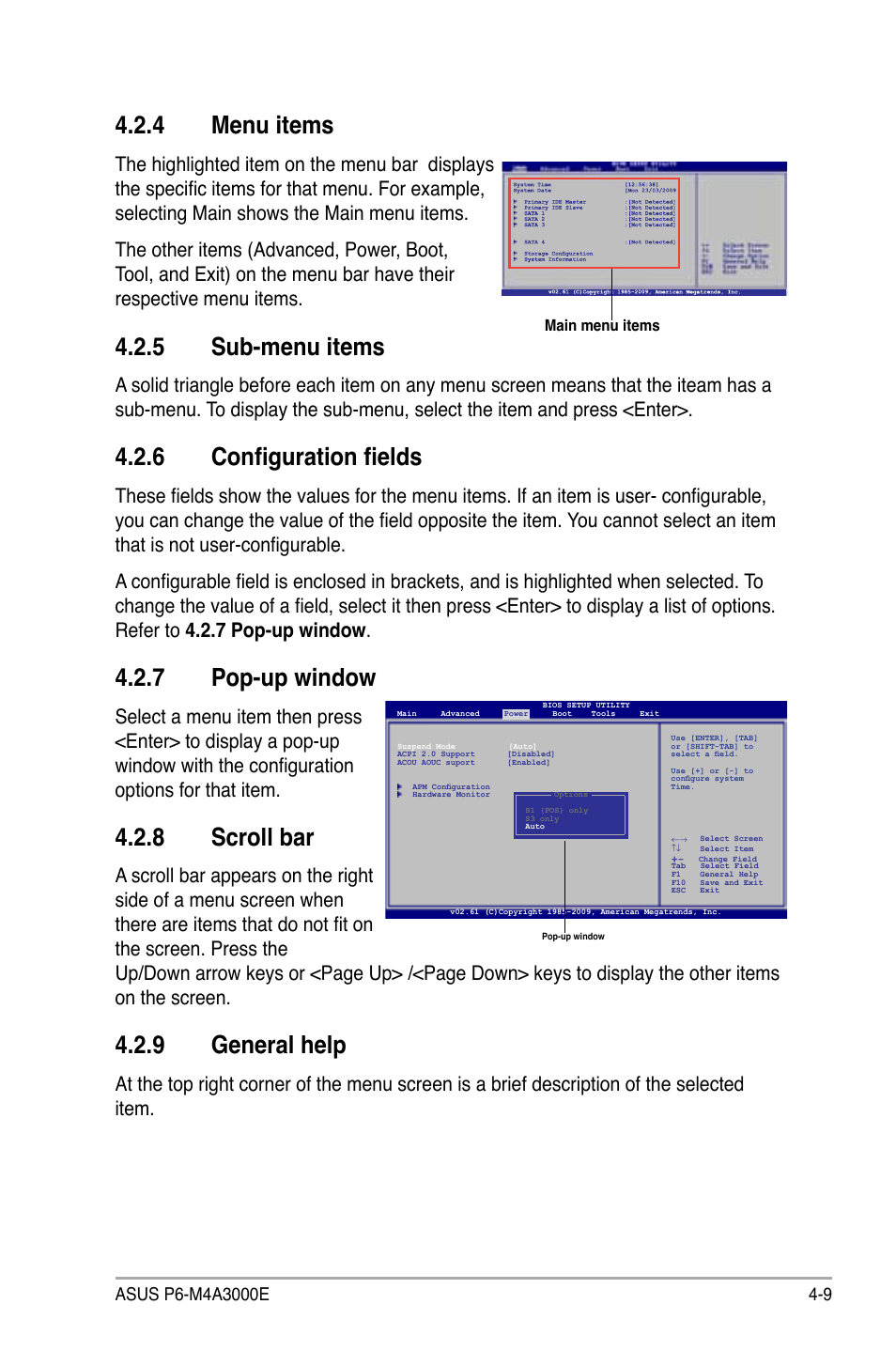 Menu.items, Sub-menu.items, 6 configuration fields | Pop-up.window, Scroll.bar, 9 general help | Asus P6-M4A3000E User Manual | Page 41 / 59