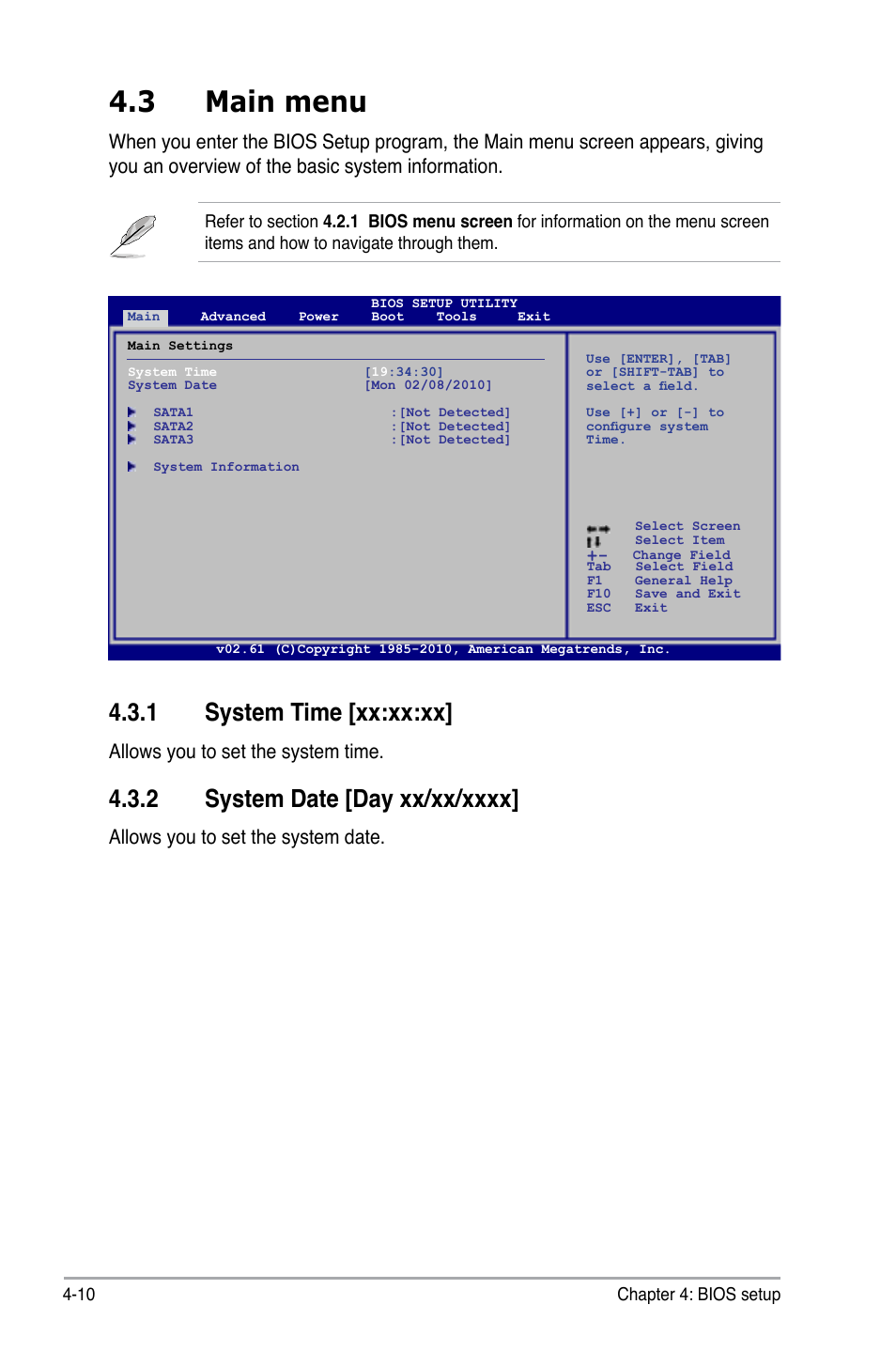 3 main menu, System.time.[xx:xx:xx, Allows you to set the system time | Allows you to set the system date | Asus P6-M4A3000E User Manual | Page 42 / 59