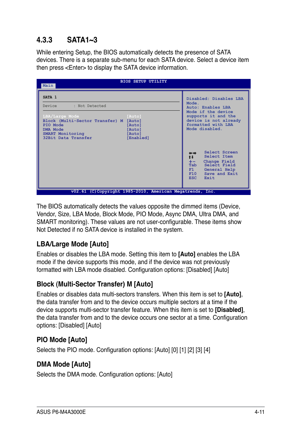 Sata1~3, Lba/large mode [auto, Block (multi-sector transfer) m [auto | Pio.mode.[auto, Dma.mode.[auto, Selects the dma mode. configuration options: [auto | Asus P6-M4A3000E User Manual | Page 43 / 59