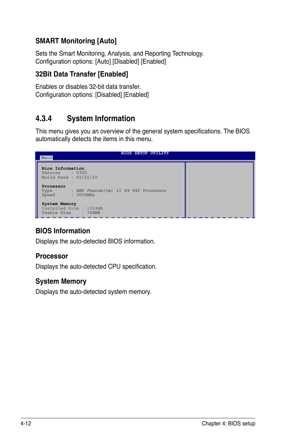 System.information, Smart.monitoring.[auto, 32bit.data.transfer.[enabled | Bios.information, Processor | Asus P6-M4A3000E User Manual | Page 44 / 59