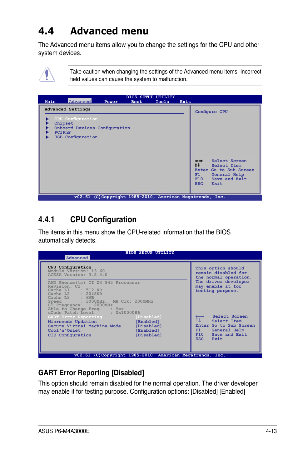 4 advanced menu, 1 cpu configuration, Gart error reporting [disabled | Asus P6-M4A3000E User Manual | Page 45 / 59