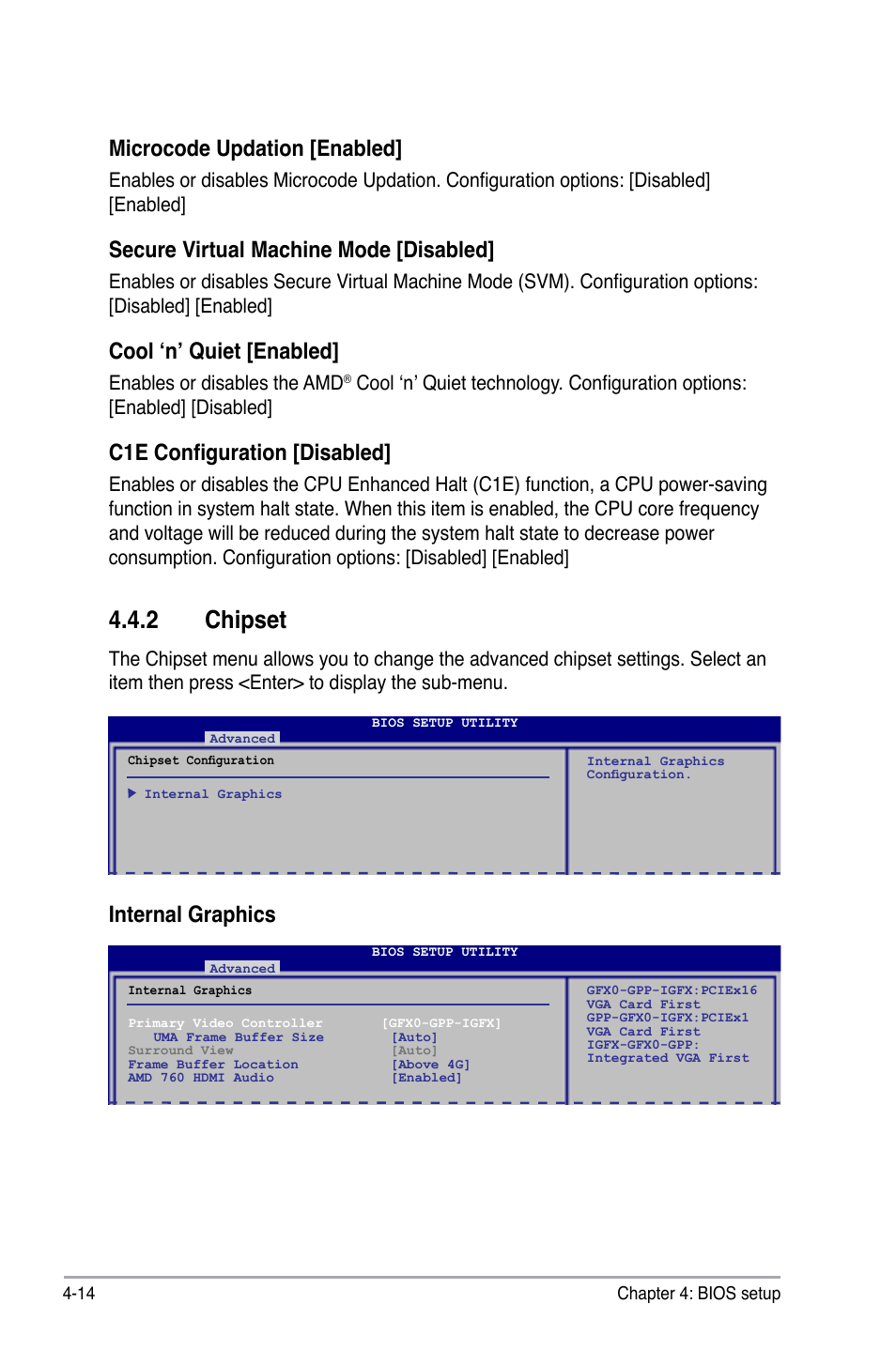 Chipset, Microcode.updation.[enabled, Secure virtual machine mode [disabled | Cool.‘n’.quiet.[enabled, C1e configuration [disabled, Internal graphics, Enables or disables the amd | Asus P6-M4A3000E User Manual | Page 46 / 59