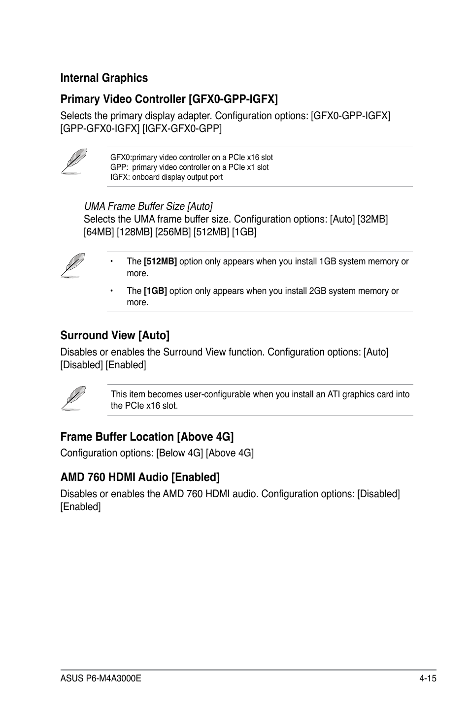 Surround view [auto, Frame buffer location [above 4g, Amd.760.hdmi.audio.[enabled | Asus P6-M4A3000E User Manual | Page 47 / 59