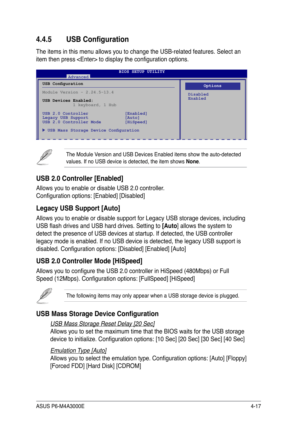 5 usb configuration, Usb.2.0.controller.[enabled, Legacy usb support [auto | Usb.2.0.controller.mode.[hispeed, Usb mass storage device configuration | Asus P6-M4A3000E User Manual | Page 49 / 59