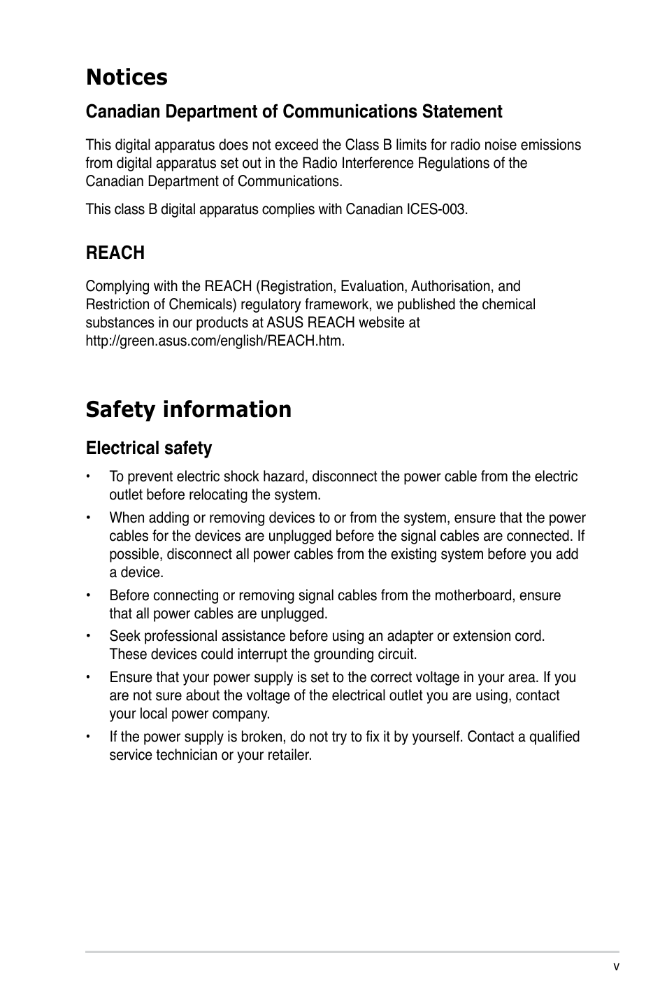 Notices, Safety information, Reach | Electrical.safety | Asus P6-M4A3000E User Manual | Page 5 / 59