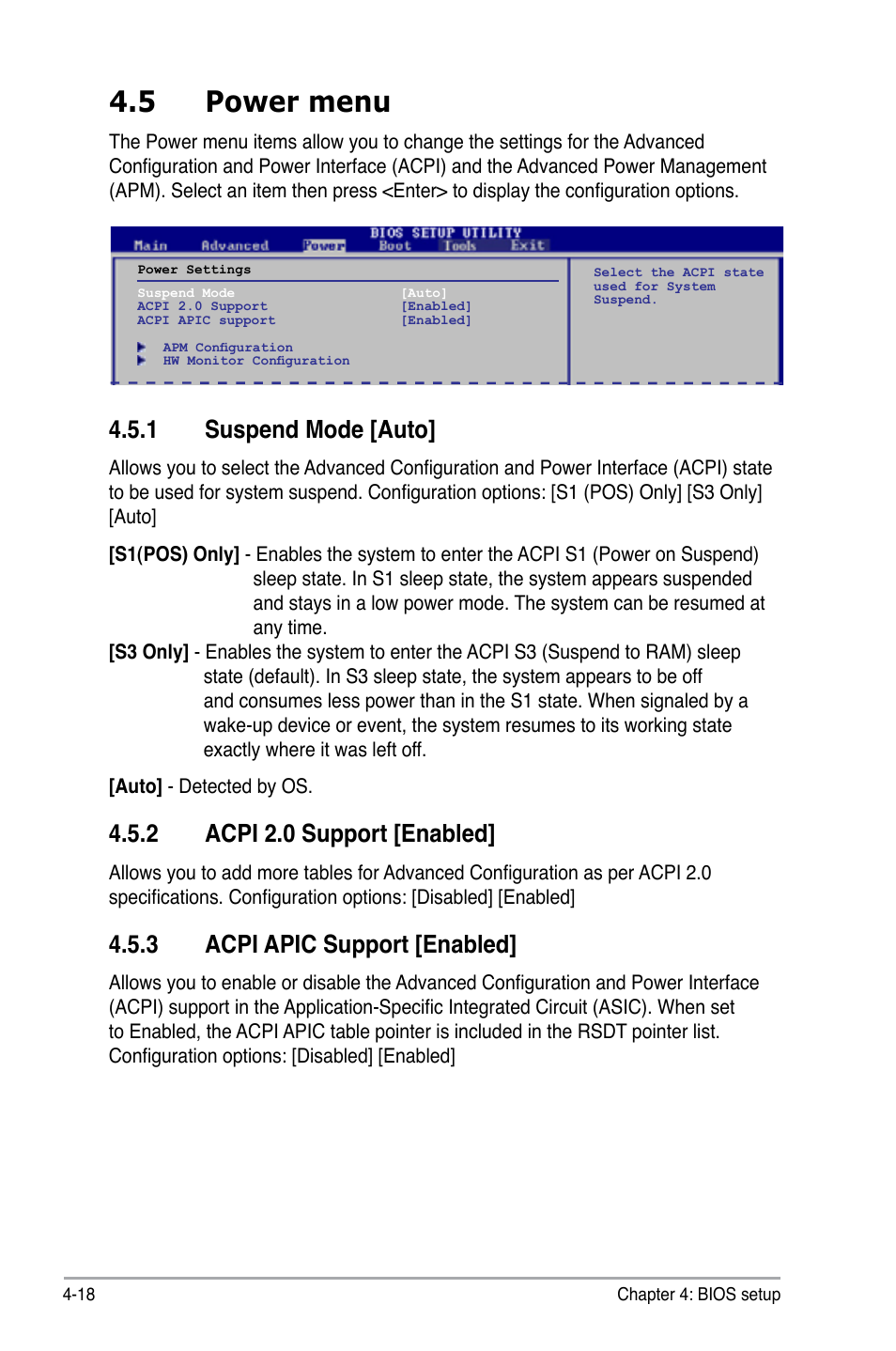 5 power menu, Suspend.mode.[auto, Acpi.2.0.support.[enabled | Acpi.apic.support.[enabled | Asus P6-M4A3000E User Manual | Page 50 / 59