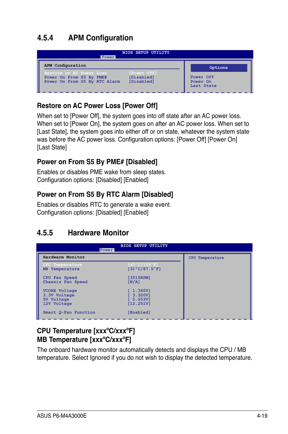 4 apm configuration, Hardware.monitor, Restore on ac power loss [power off | Power.on.from.s5.by.pme#.[disabled, Power.on.from.s5.by.rtc.alarm.[disabled | Asus P6-M4A3000E User Manual | Page 51 / 59