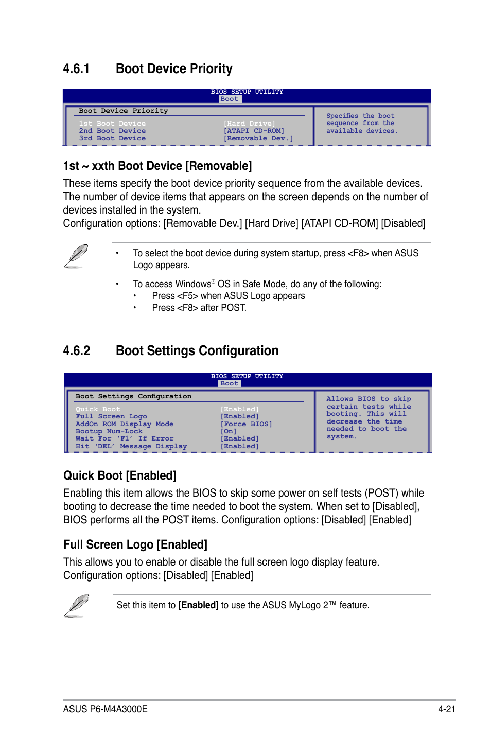 Boot.device.priority, 2 boot settings configuration, 1st.~.xxth.boot.device.[removable | Quick.boot.[enabled, Full screen logo [enabled | Asus P6-M4A3000E User Manual | Page 53 / 59