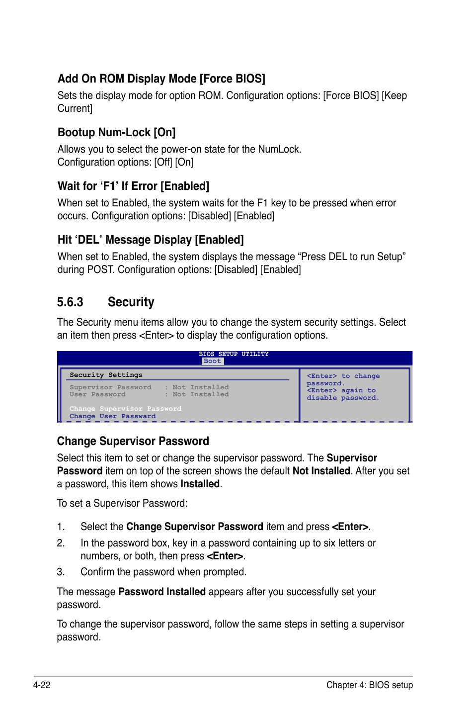 Security, Add.on.rom.display.mode.[force.bios, Bootup num-lock [on | Wait.for.‘f1’.if.error.[enabled, Hit ‘del’ message display [enabled, Change.supervisor.password | Asus P6-M4A3000E User Manual | Page 54 / 59