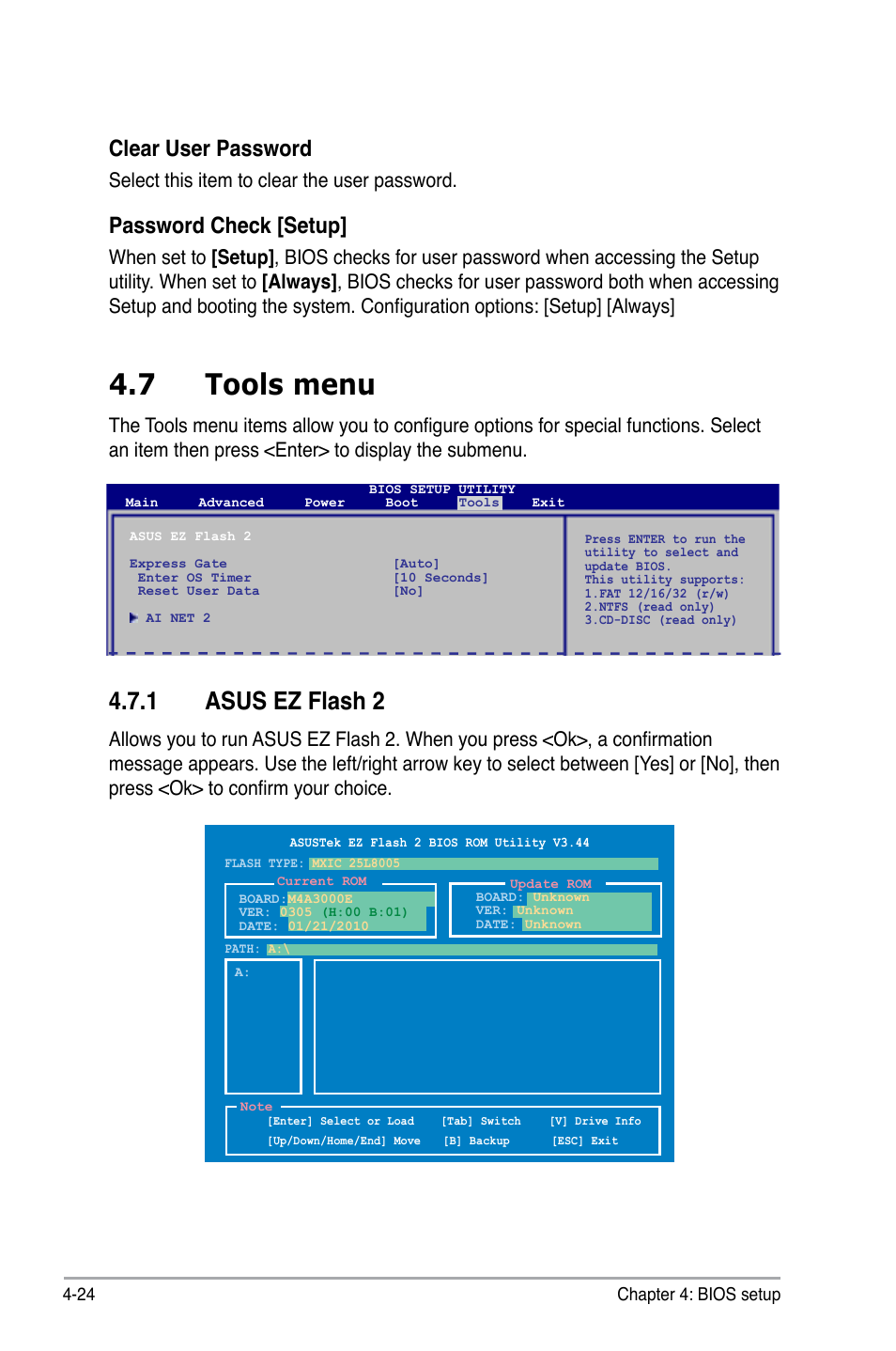 7 tools menu, Asus.ez.flash.2, Password.check.[setup | Select this item to clear the user password | Asus P6-M4A3000E User Manual | Page 56 / 59