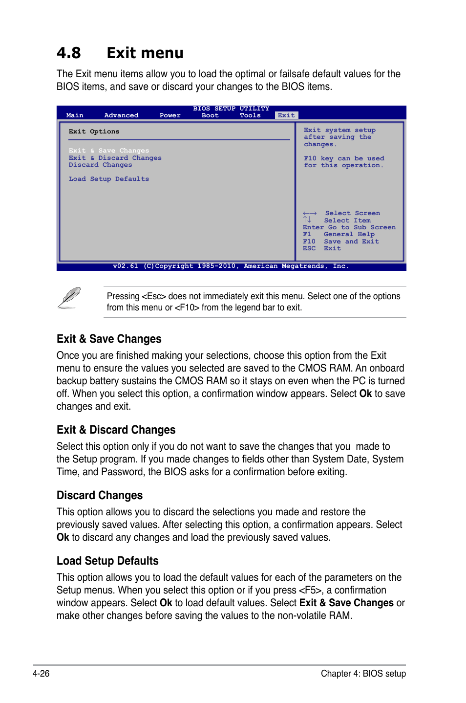 8 exit menu, Exit.&.save.changes, Exit.&.discard.changes | Discard.changes, Load setup defaults | Asus P6-M4A3000E User Manual | Page 58 / 59