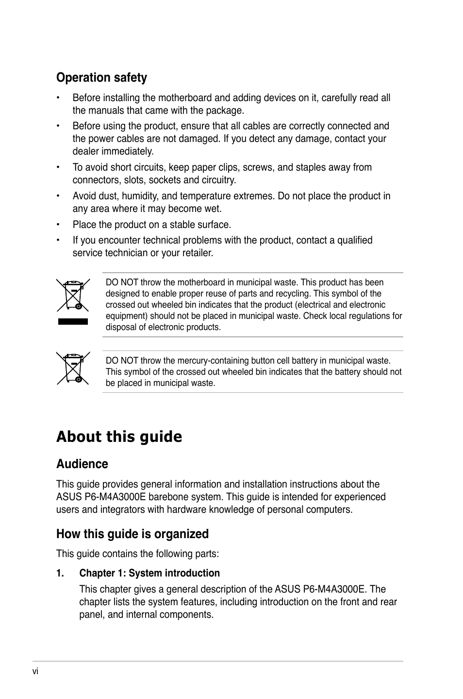 About this guide, Audience, Operation.safety | Asus P6-M4A3000E User Manual | Page 6 / 59